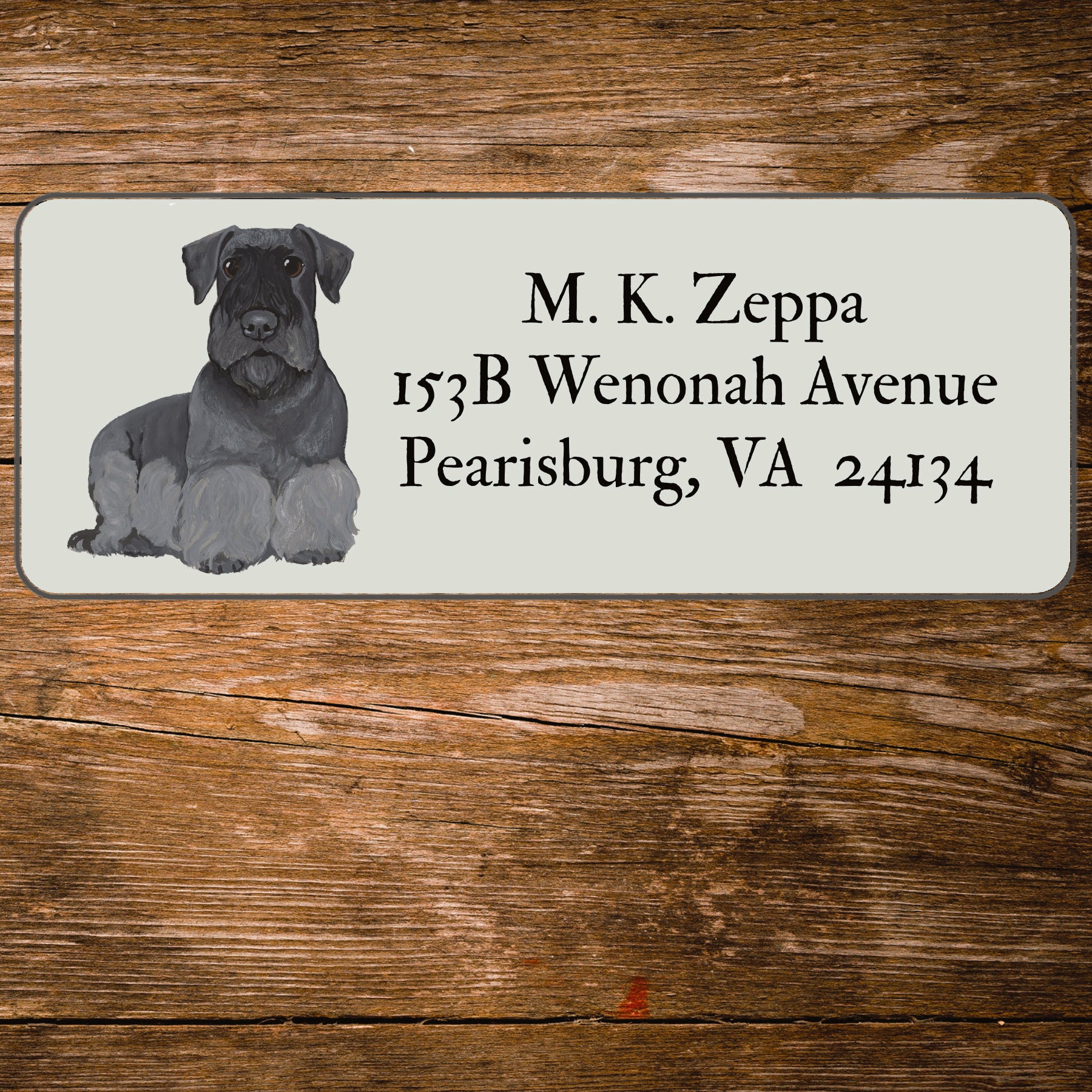 Return address label with an illustration of a Cesky Terrier