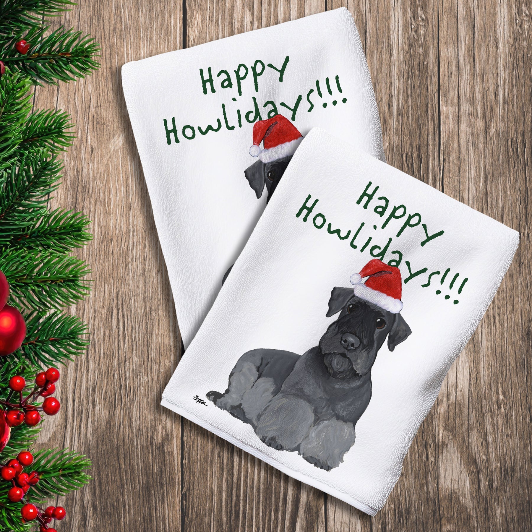 2 Kitchen Towels with a Cesky Terrier in a Santa Hat and Happy Howlidays text.
