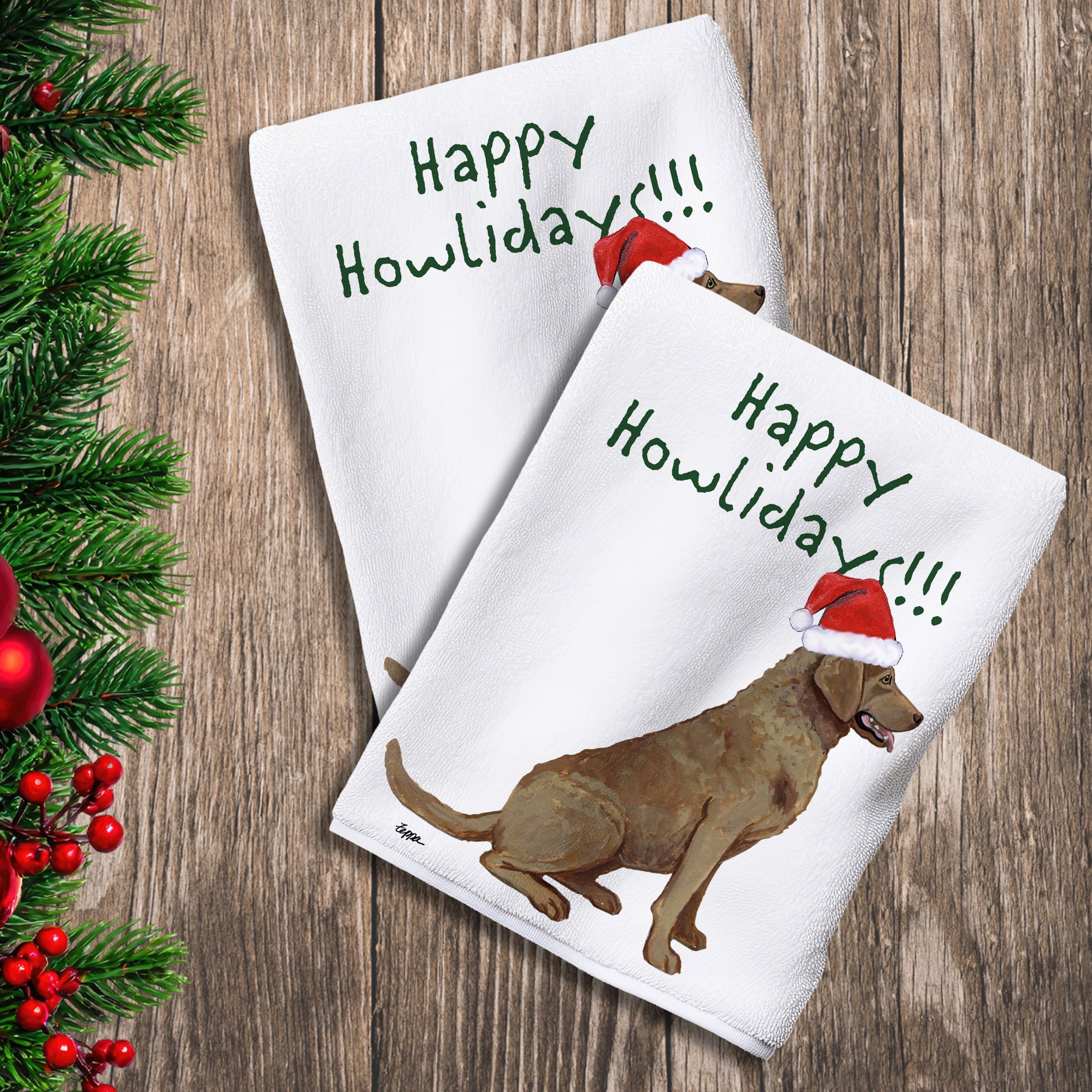 2 Kitchen Towels with a Chesapeake Bay Retriever in a Santa Hat and Happy Howlidays text.