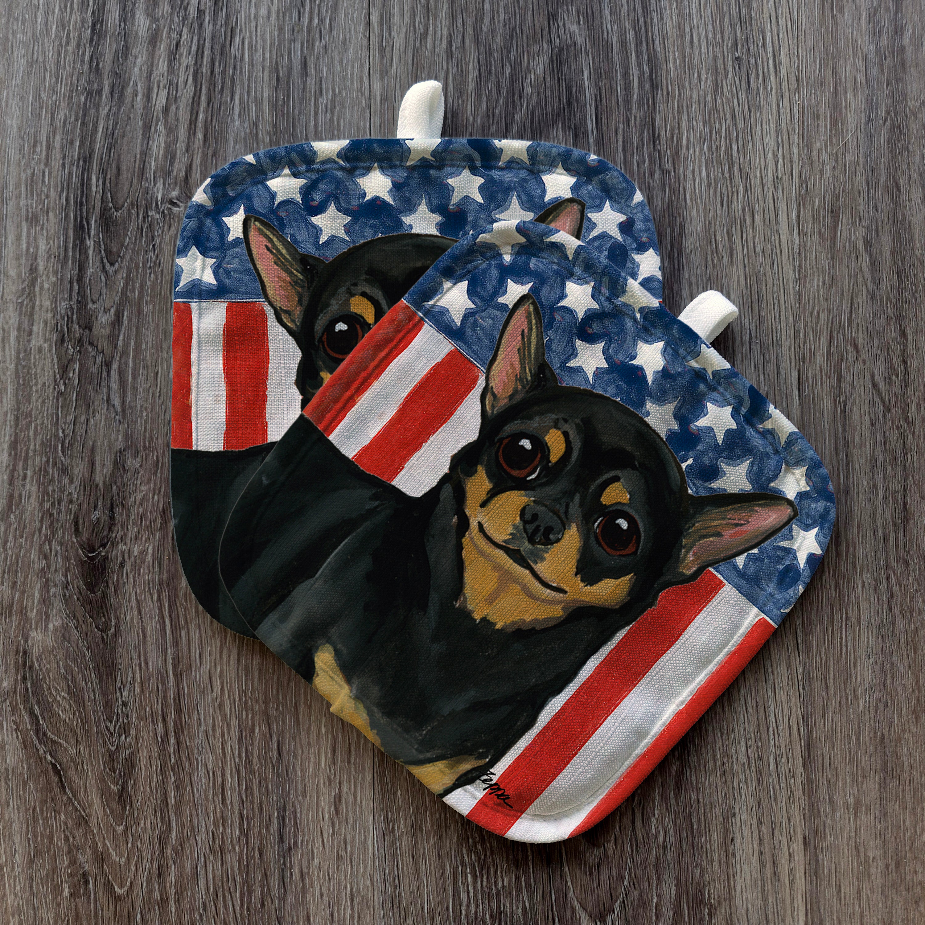 Black and Tan Chihuahua Americana Pot Holder Set