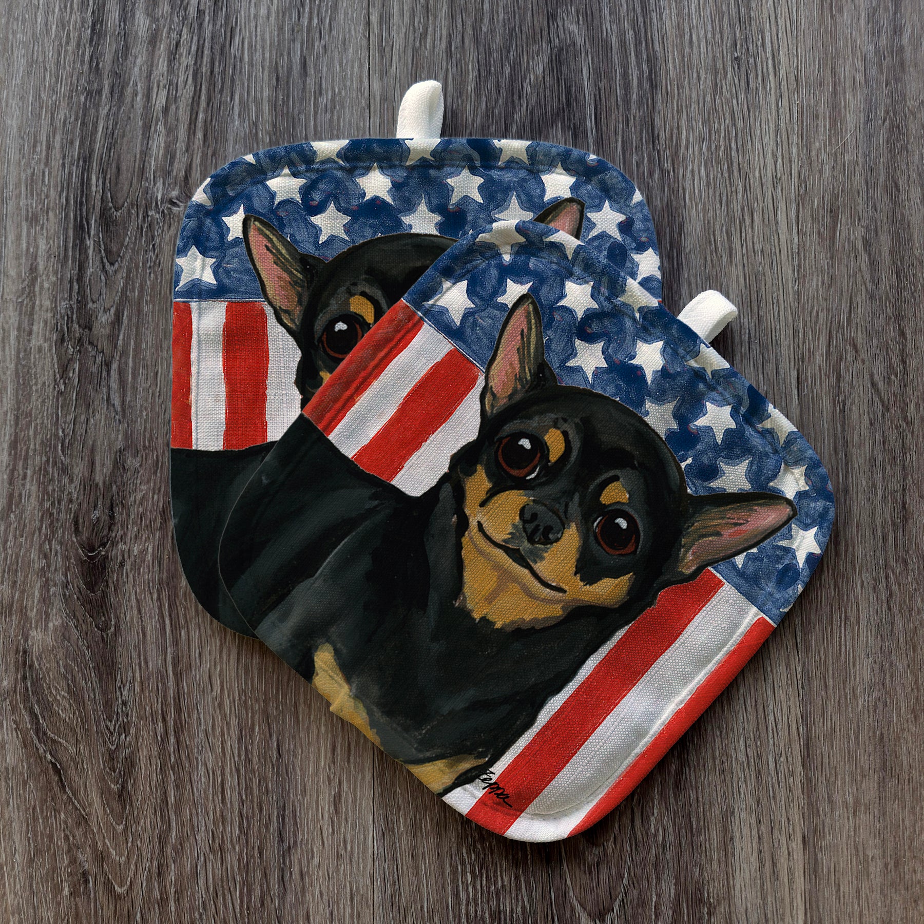 Black and Tan Chihuahua Americana Pot Holder Set