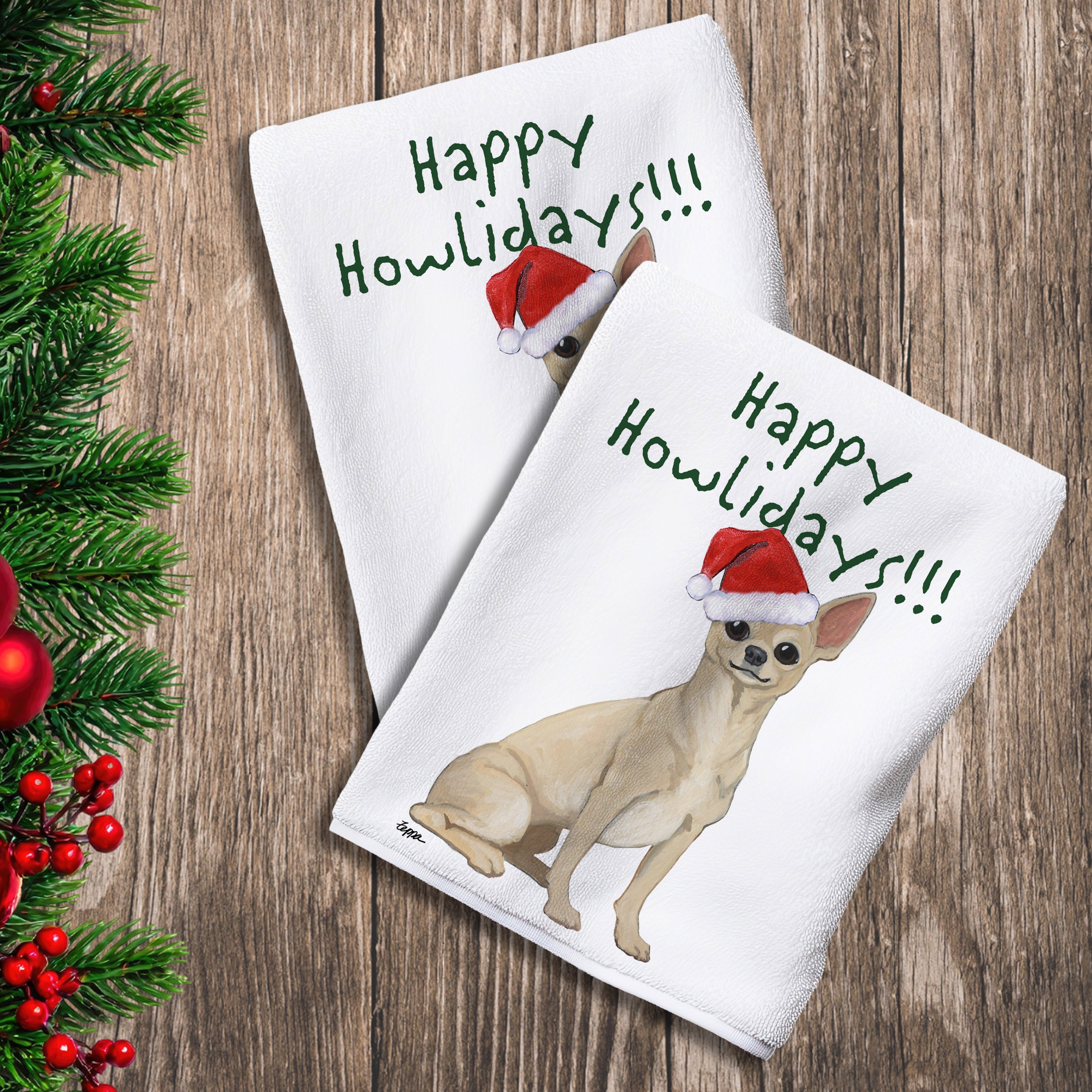 2 Kitchen Towels with a blonde Chihuahua in a Santa Hat and Happy Howlidays text.