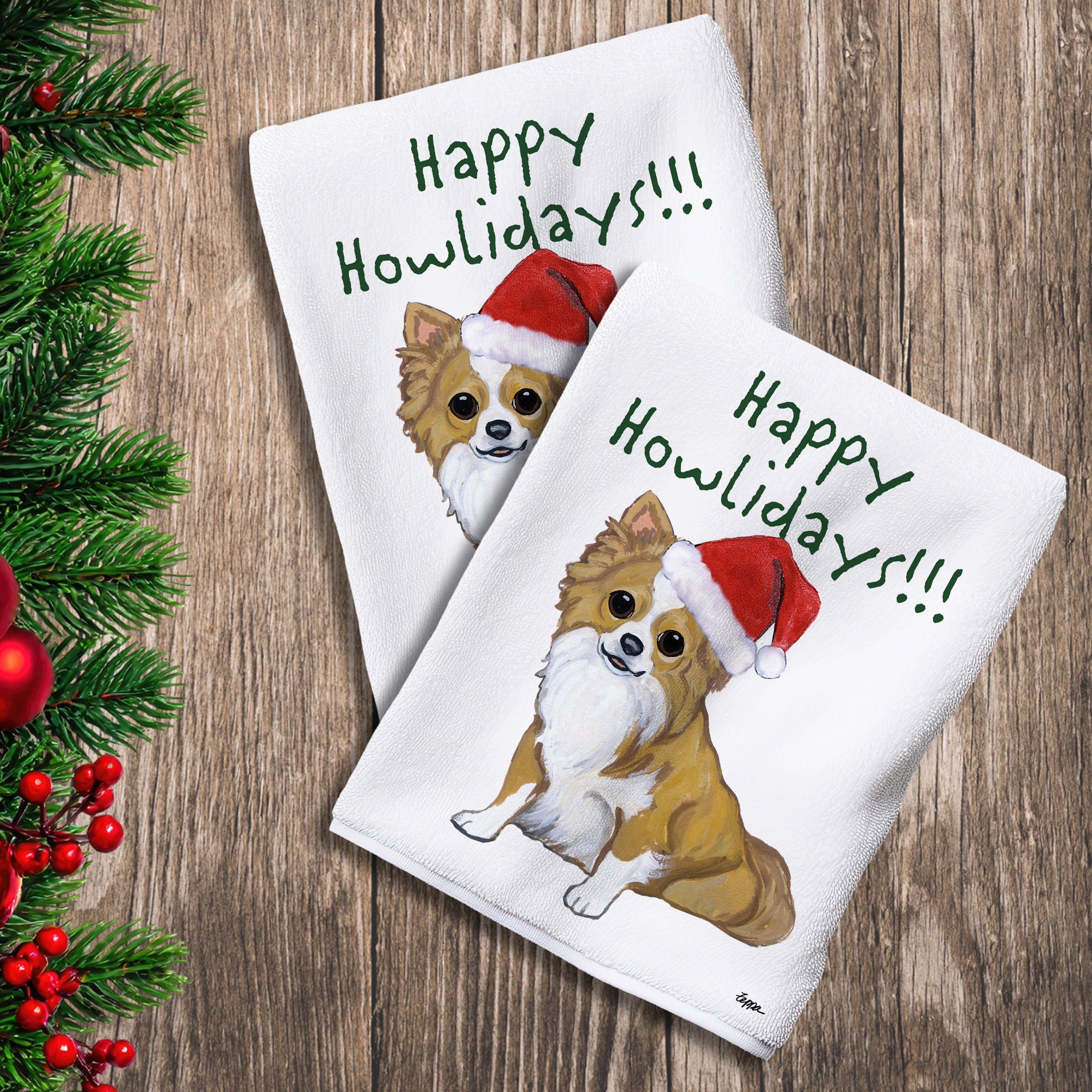 2 Kitchen Towels with a longhaired  Chihuahua in a Santa Hat and Happy Howlidays text.
