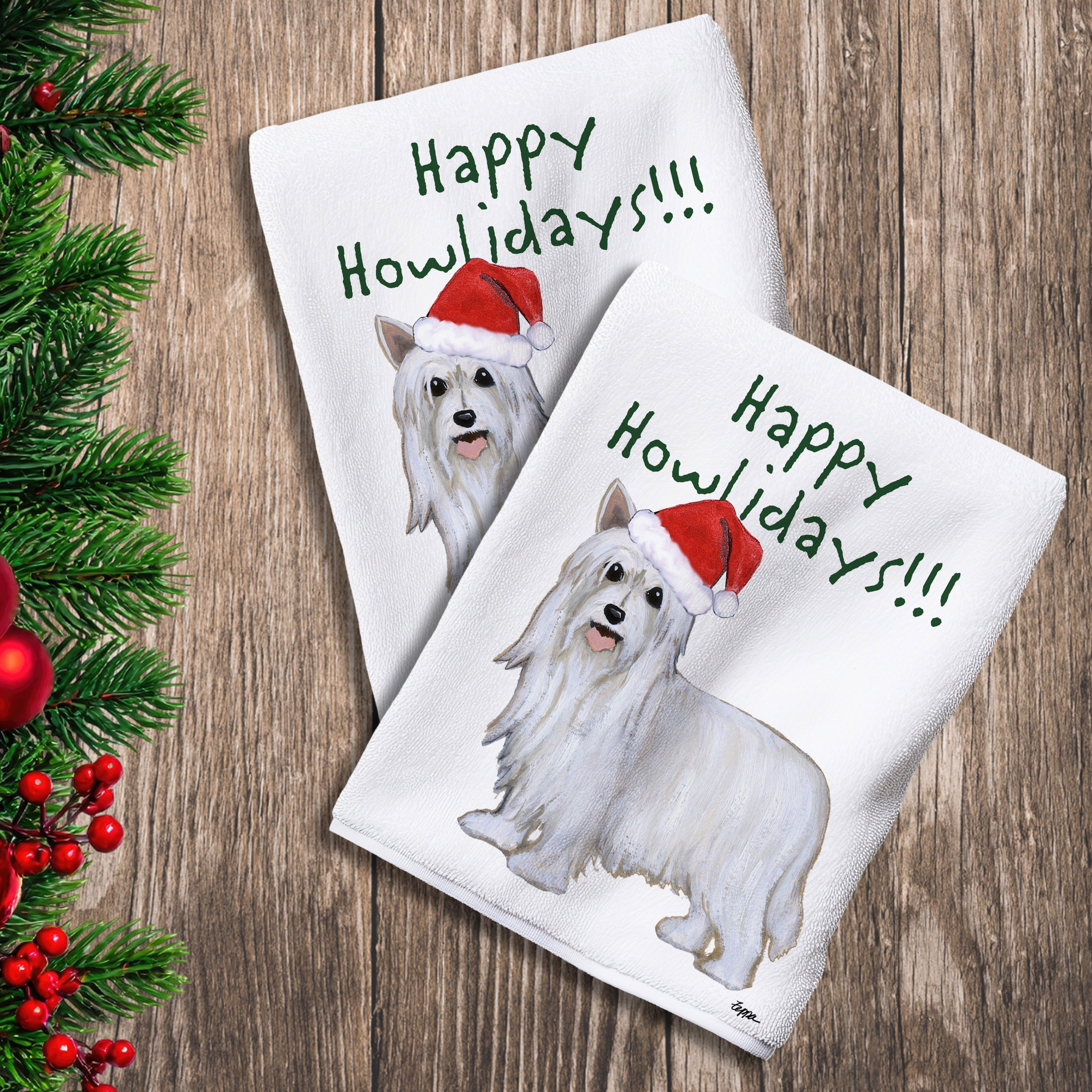 2 Kitchen Towels with a powderpuff Chinese Crested in a Santa Hat and Happy Howlidays text.
