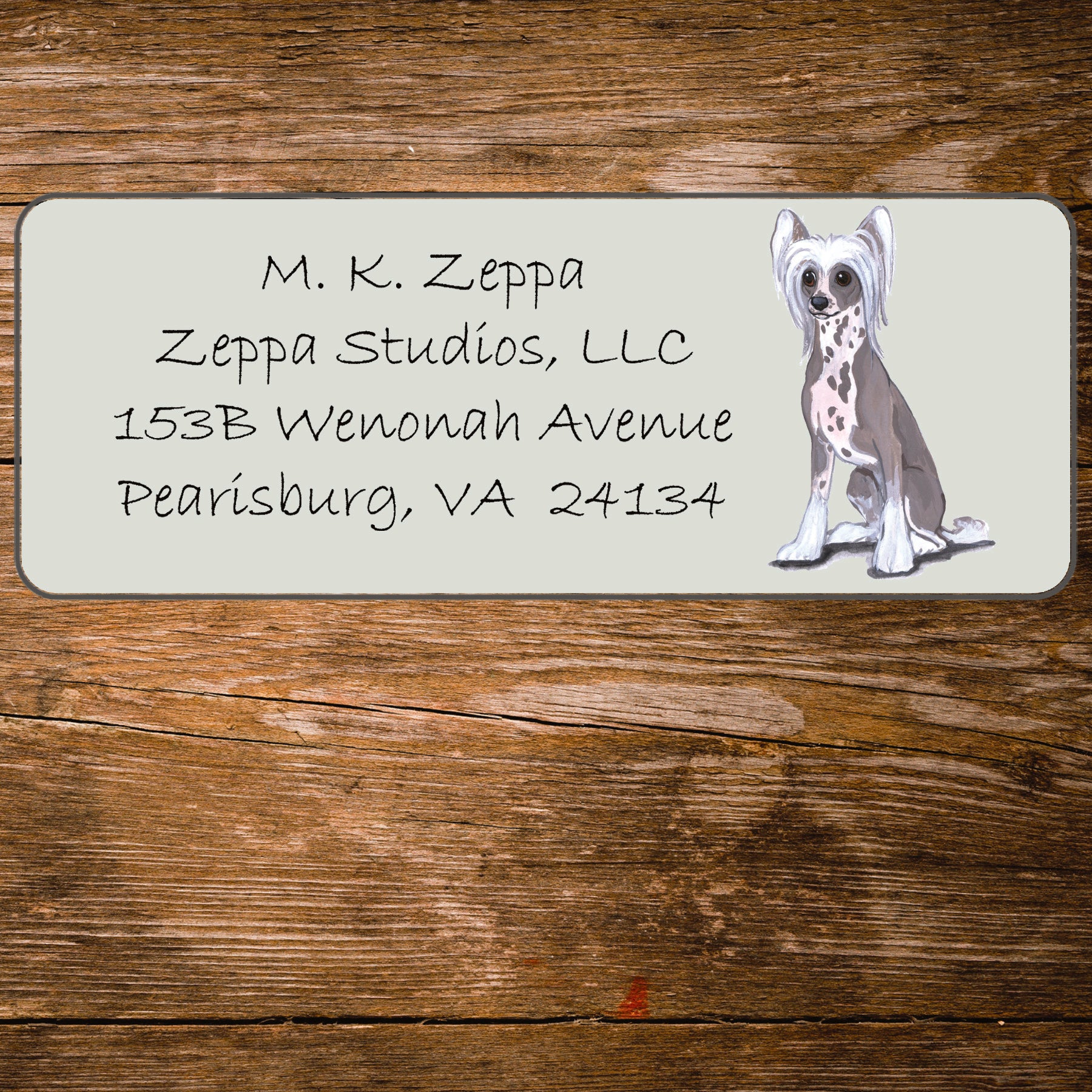 Return address label with a Chinese Crested Dog illustration 
