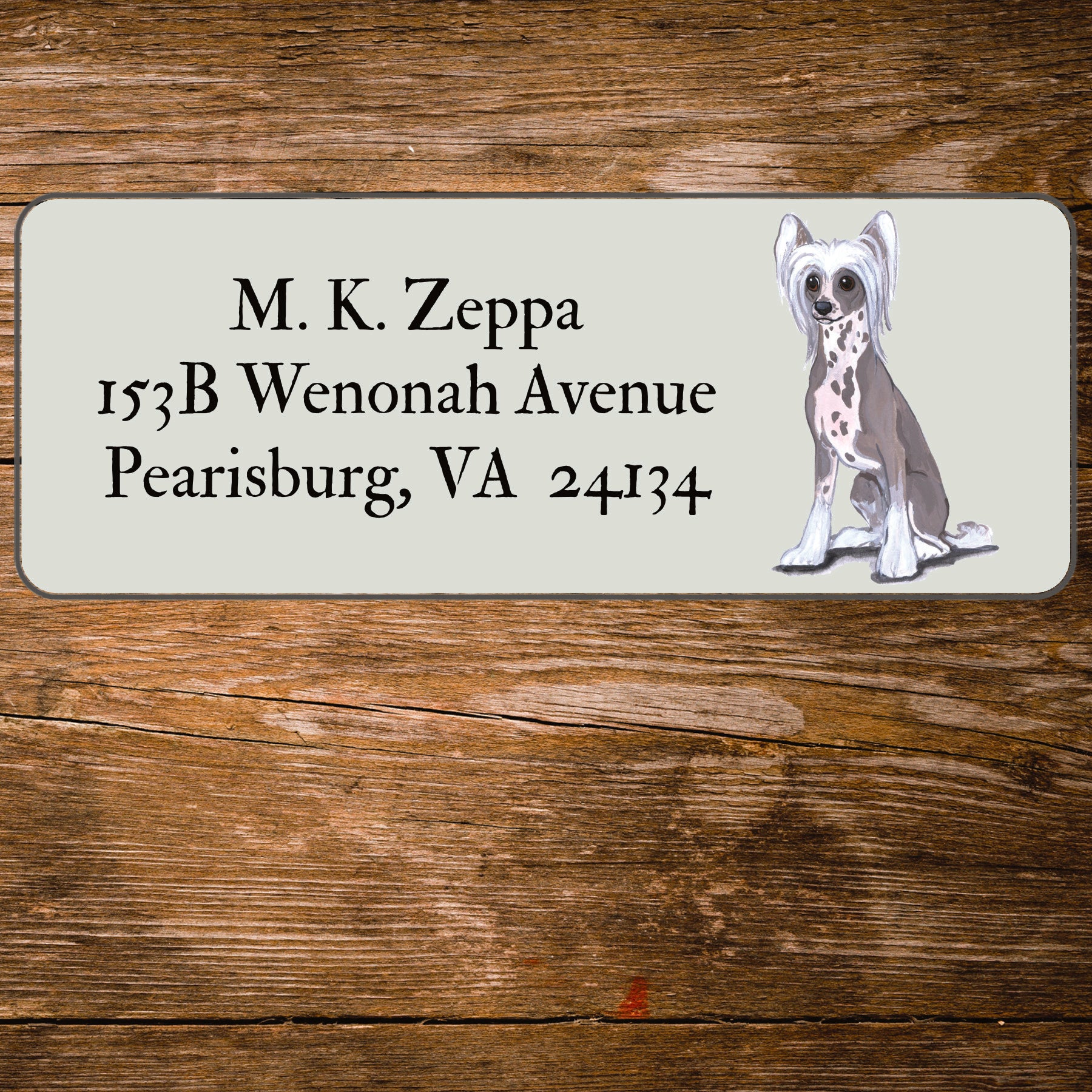 Return address label with a Chinese Crested Dog illustration 