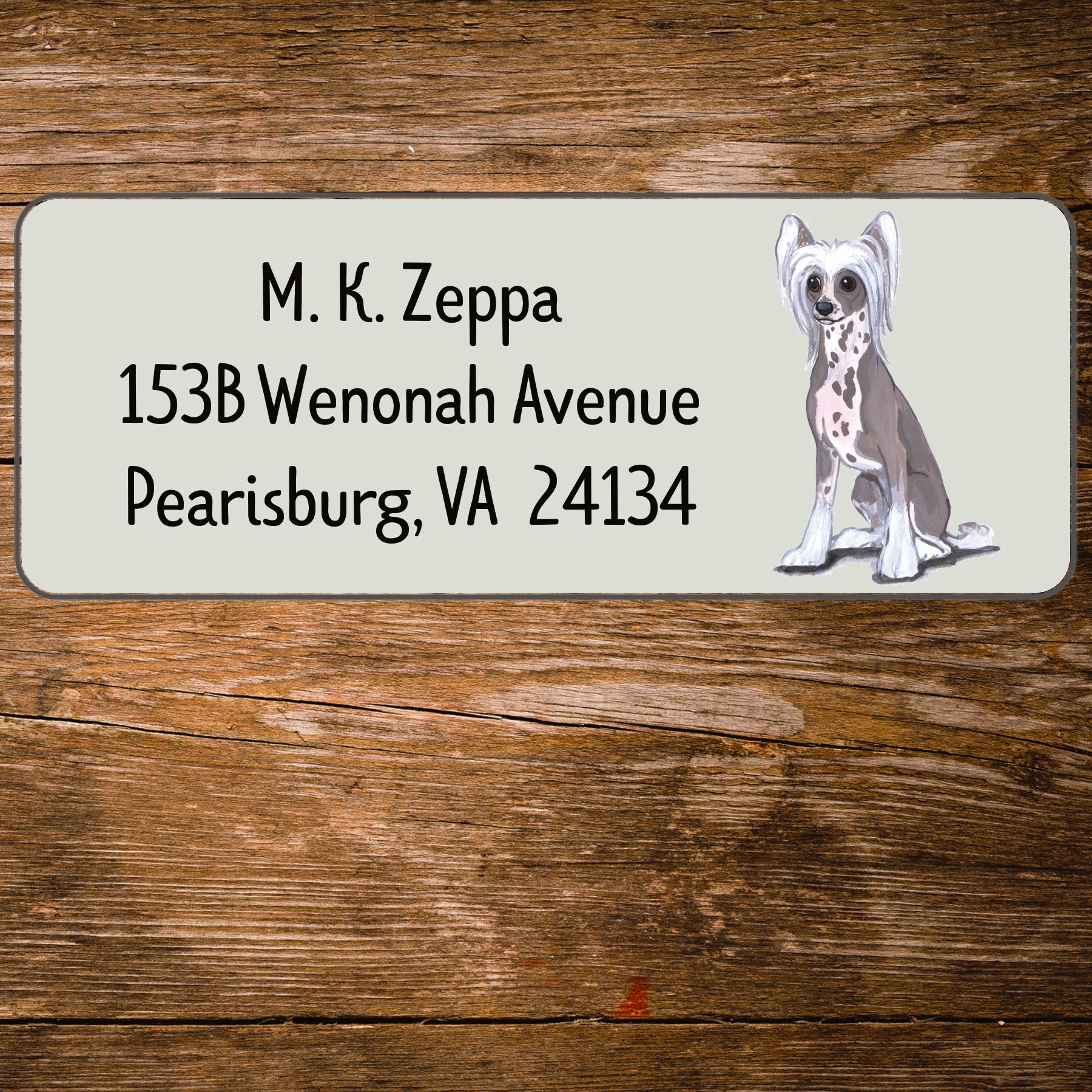 Return address label with a Chinese Crested Dog illustration 