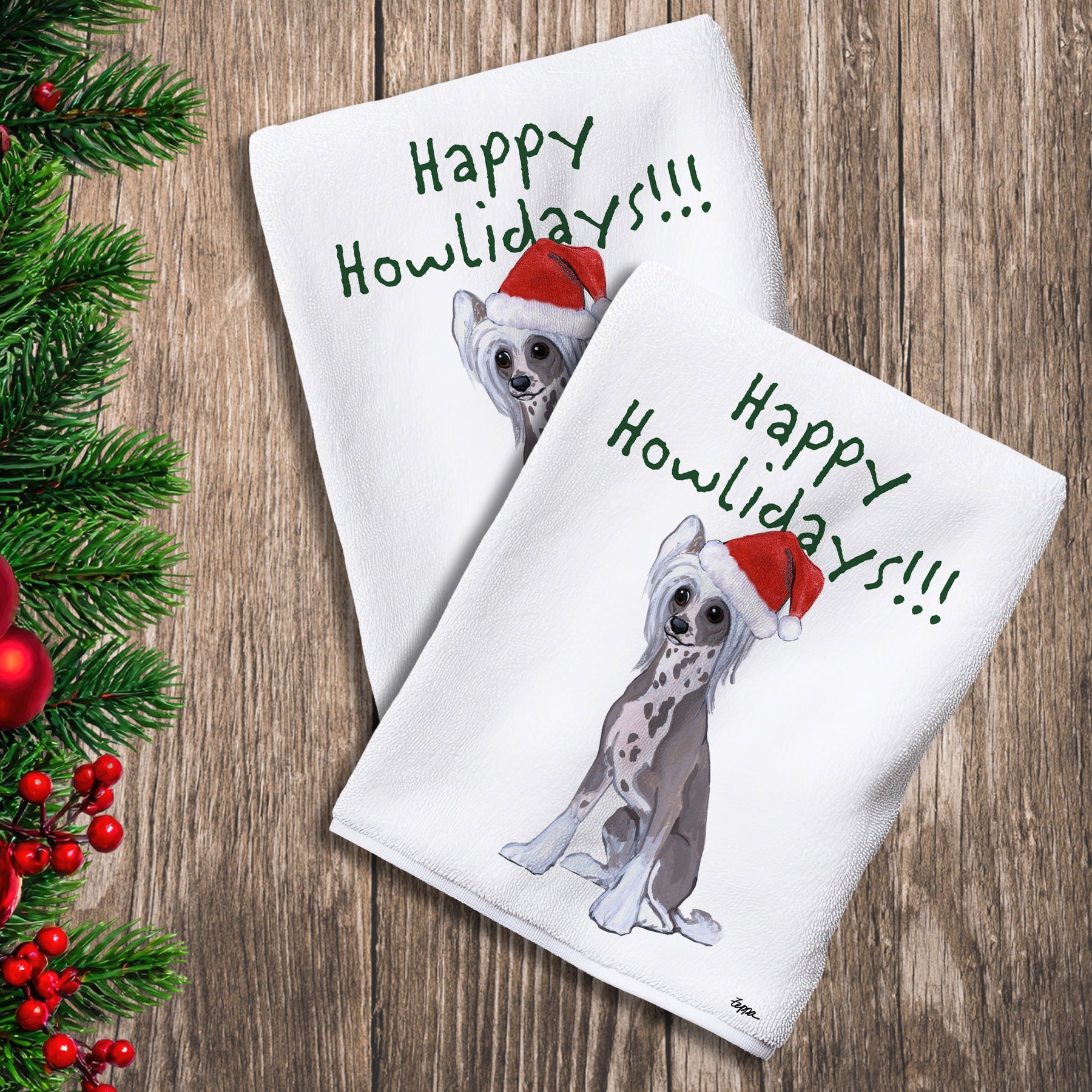 2 Kitchen Towels with a Chinese Crested in a Santa Hat and Happy Howlidays text.