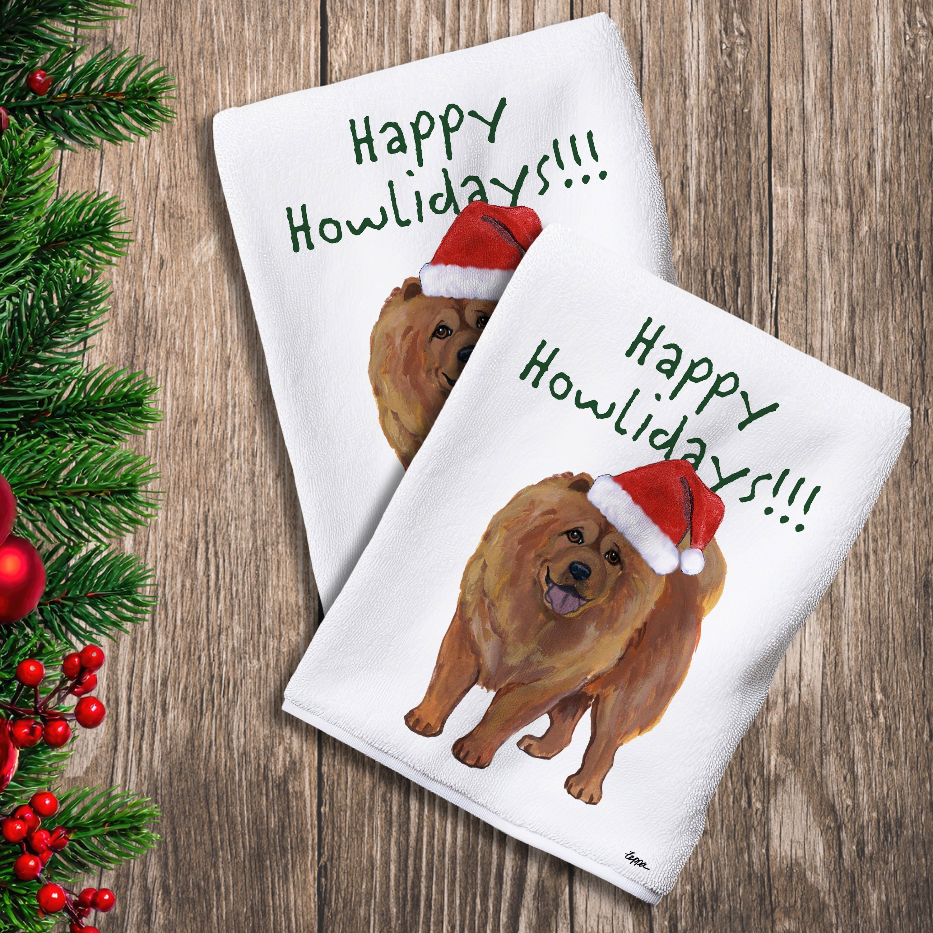 2 Kitchen Towels with a Chow Chow in a Santa Hat and Happy Howlidays text.
