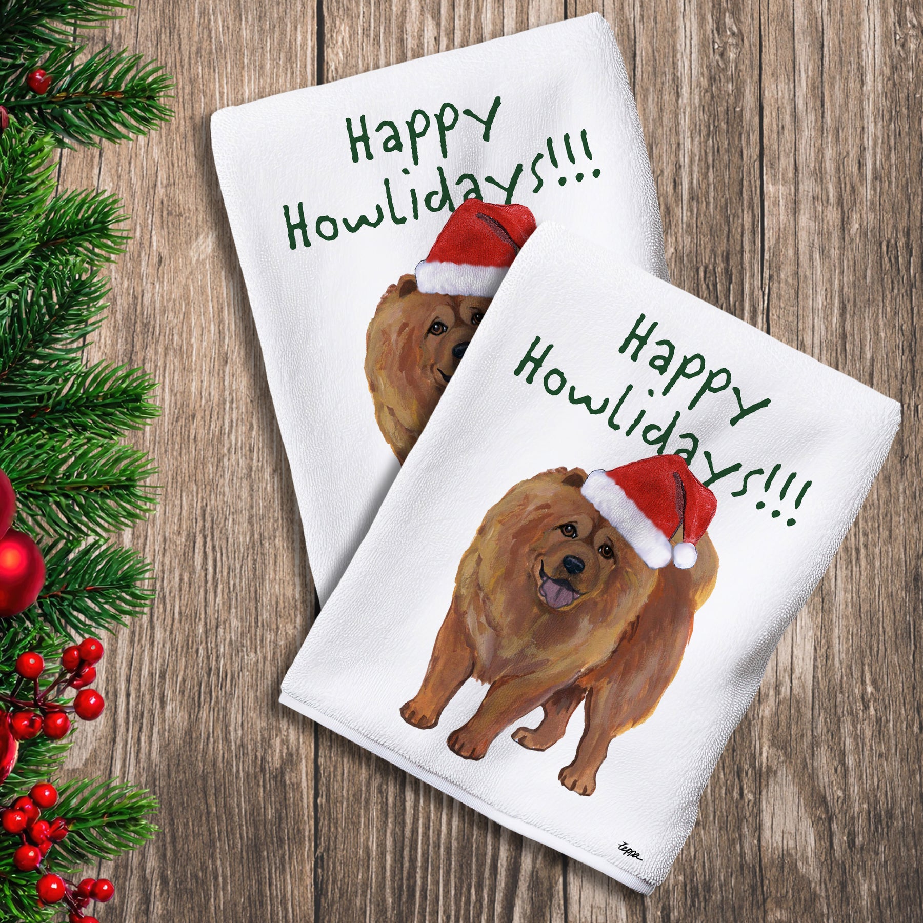 2 Kitchen Towels with a Chow Chow in a Santa Hat and Happy Howlidays text.