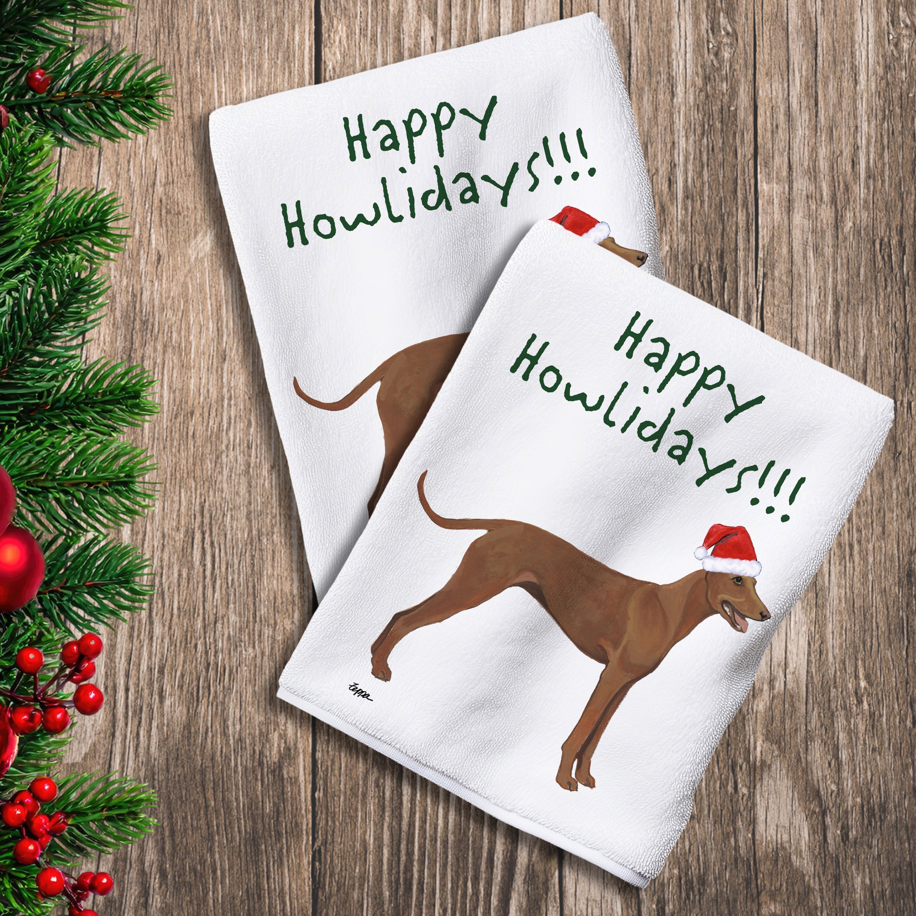 2 Kitchen Towels with a Cirneco dell'Etna  in a Santa Hat and Happy Howlidays text.