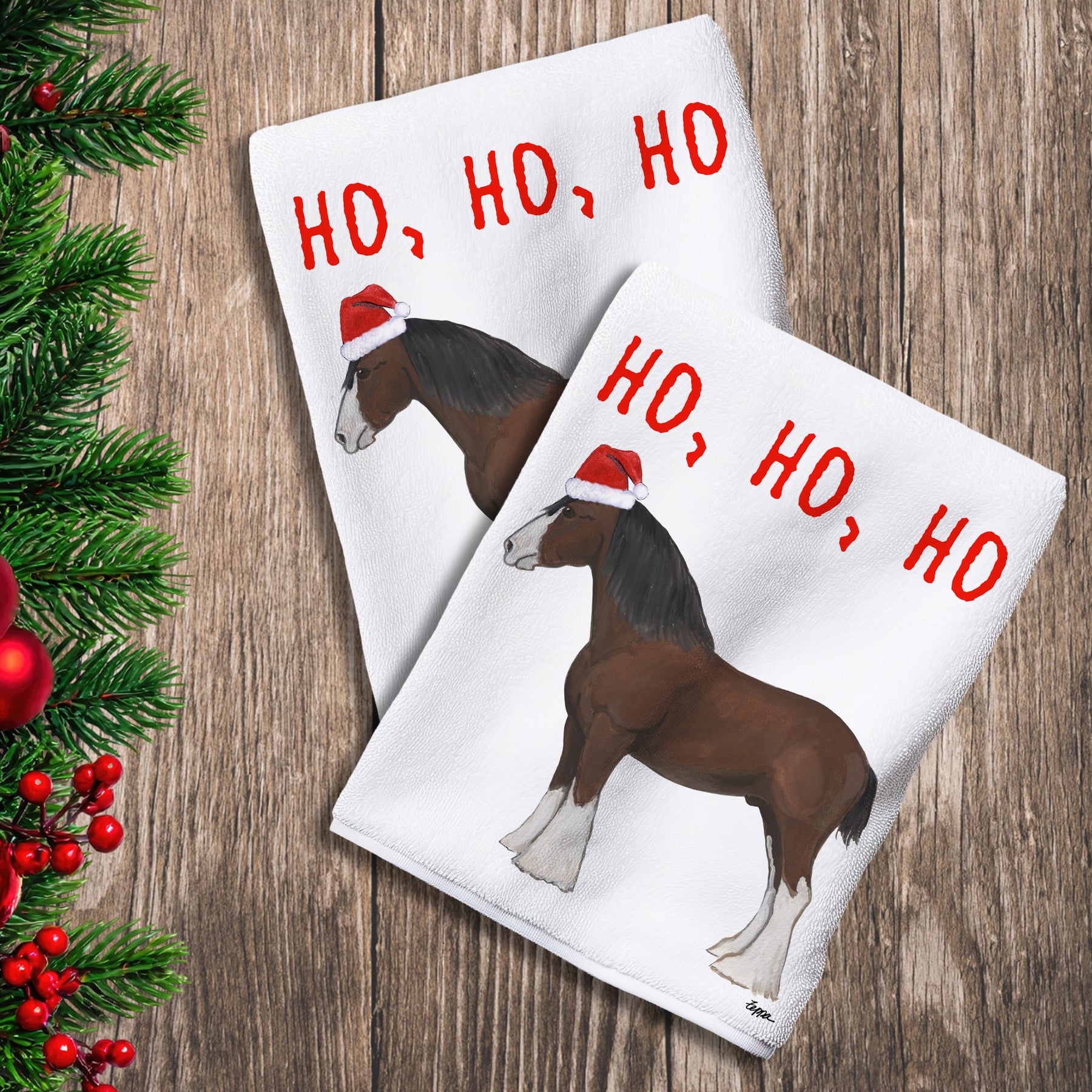 2 Kitchen Towels with a Clydesdale horse in a Santa Hat and Ho Ho Ho text.