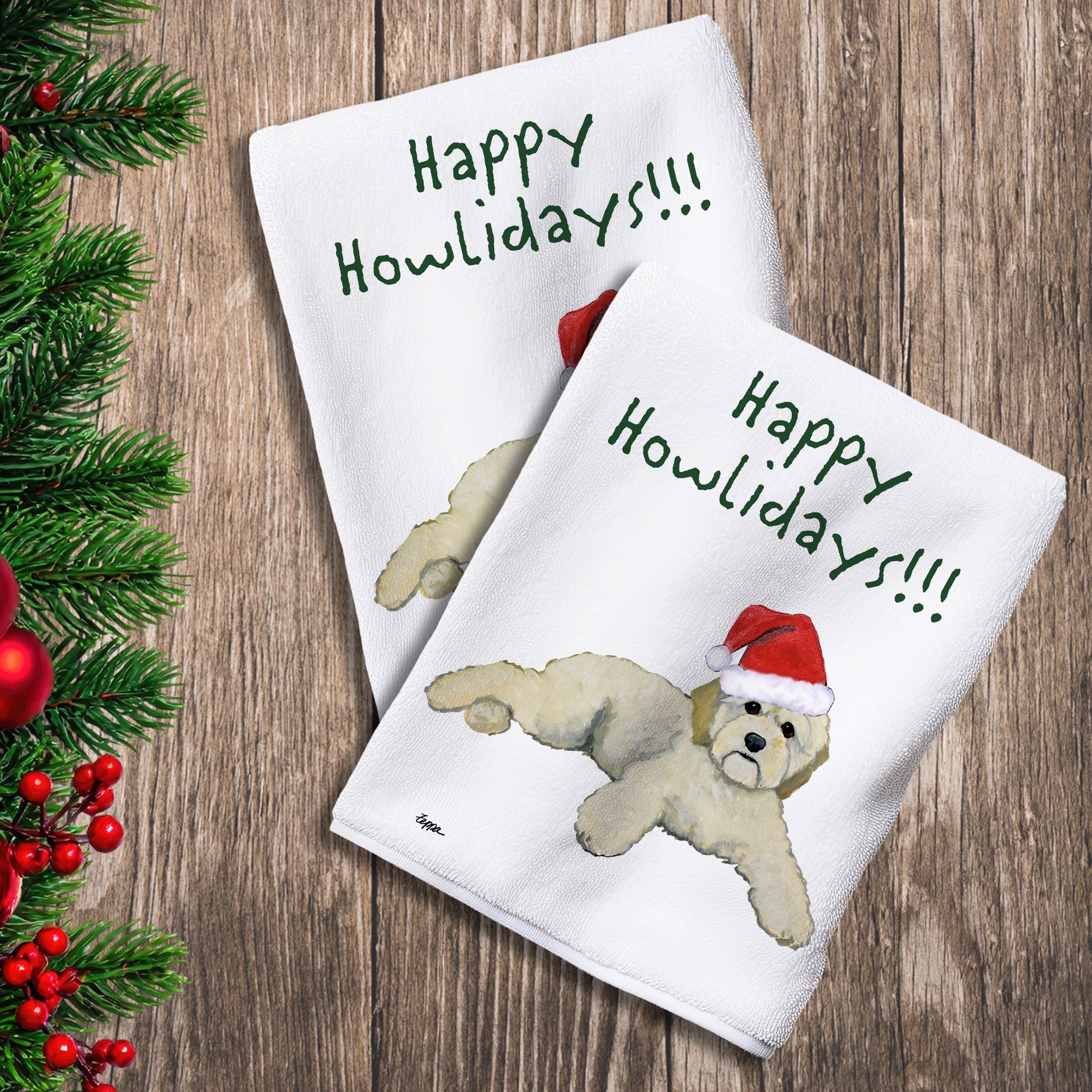 2 Kitchen Towels with a Cockapoo in a Santa Hat and Happy Howlidays text.
