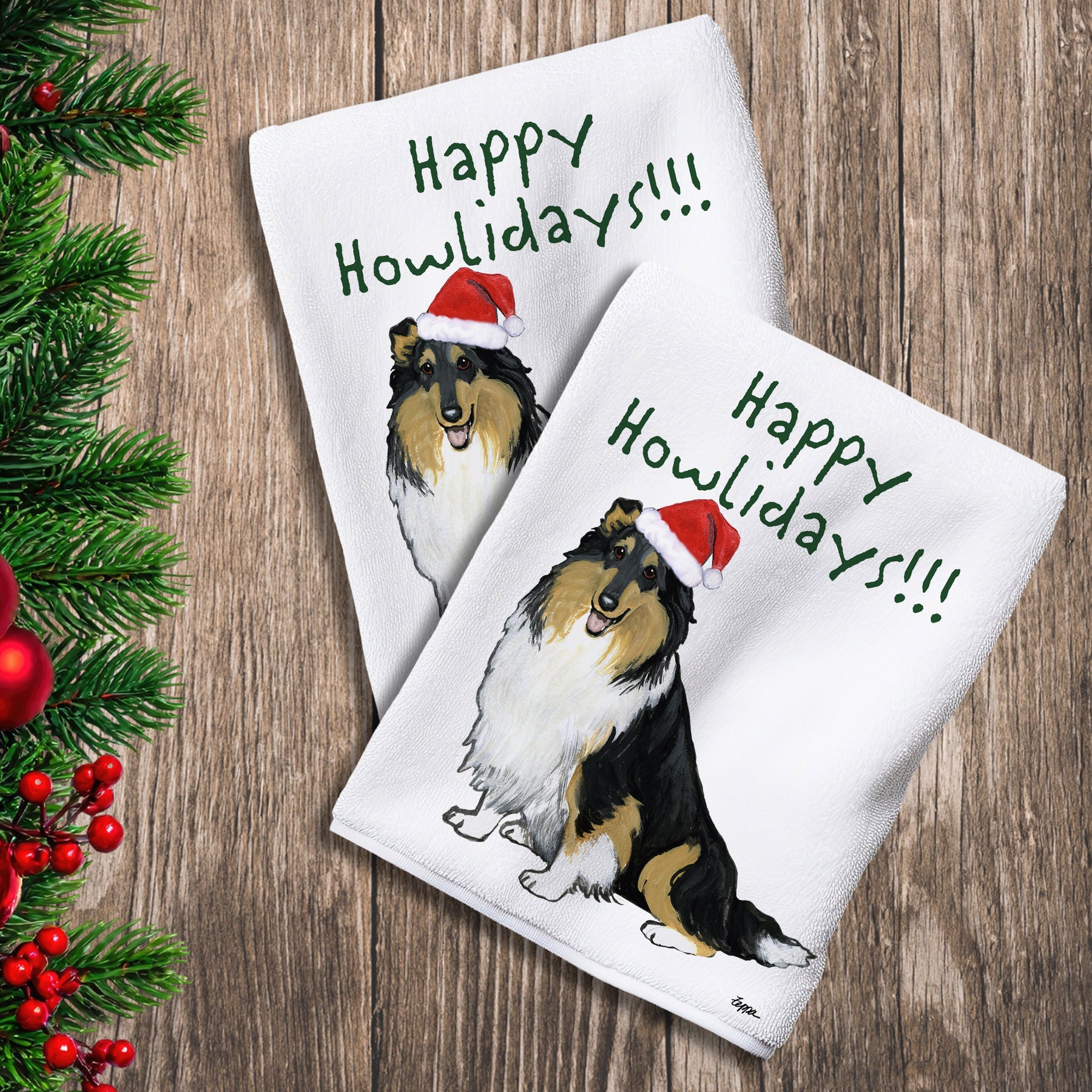 2 Kitchen Towels with a tri color Collie in a Santa Hat and Happy Howlidays text.
