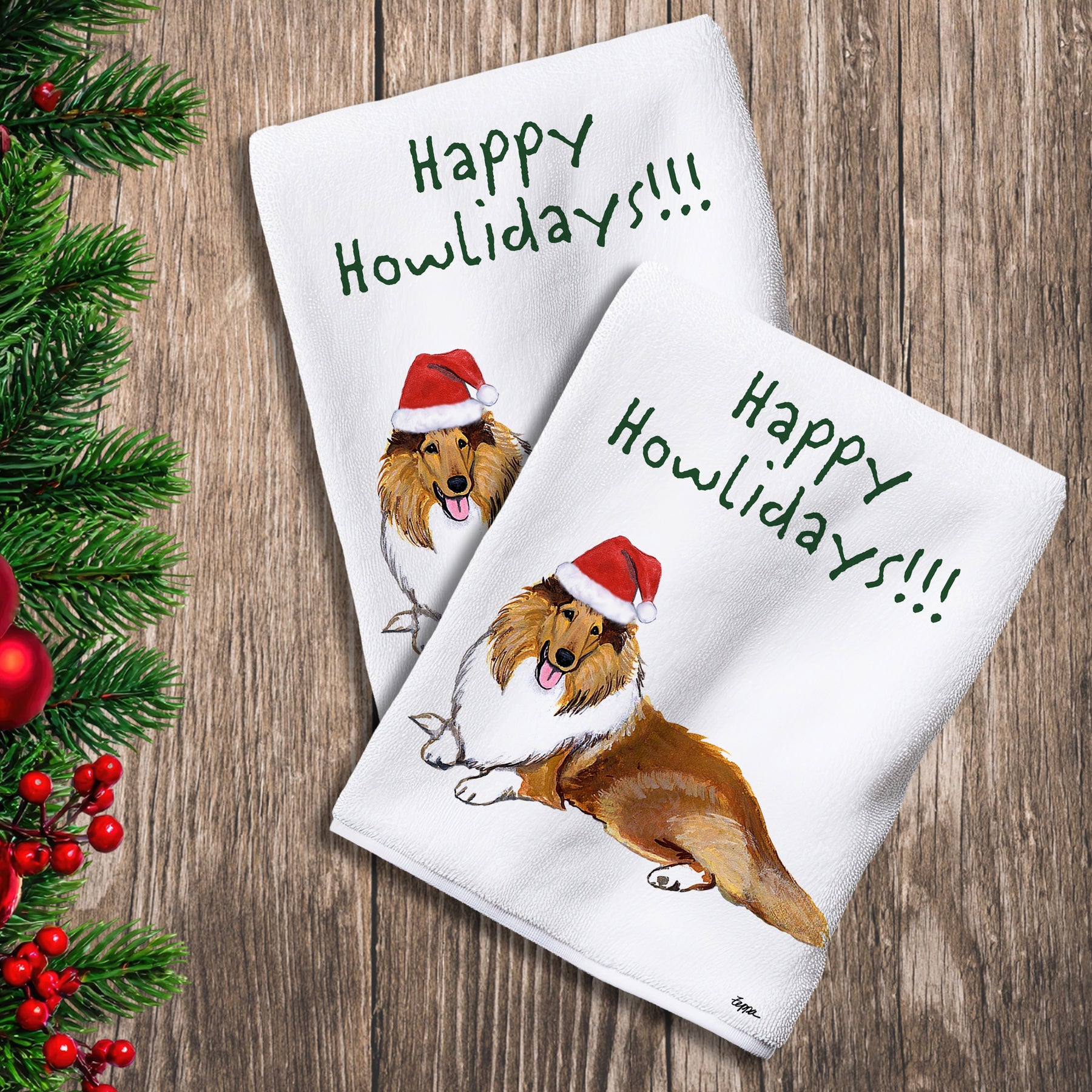 2 Kitchen Towels with a Collie in a Santa Hat and Happy Howlidays text.