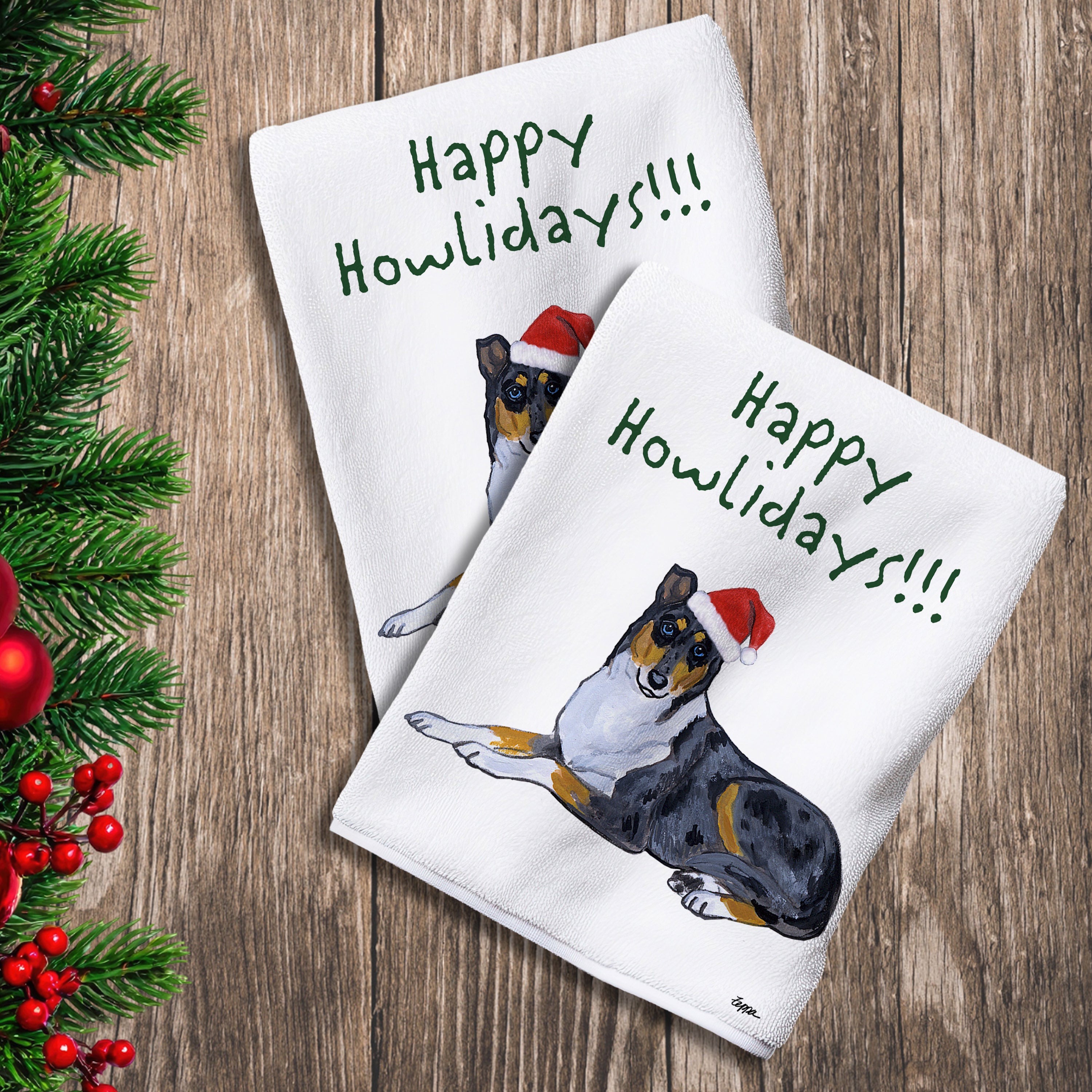 2 Kitchen Towels with a smooth Collie in a Santa Hat and Happy Howlidays text.