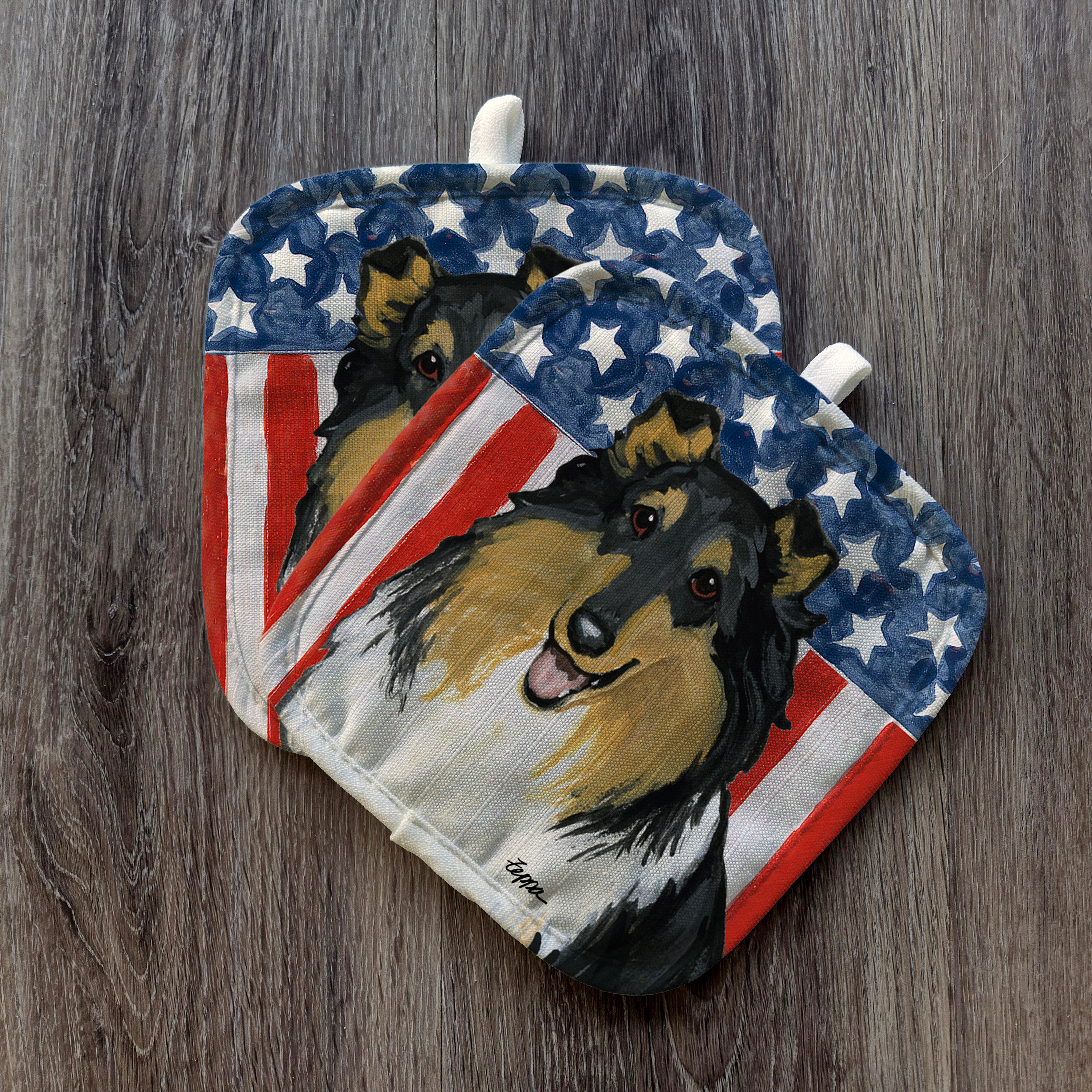 Tri Color Collie Americana Pot Holder Set