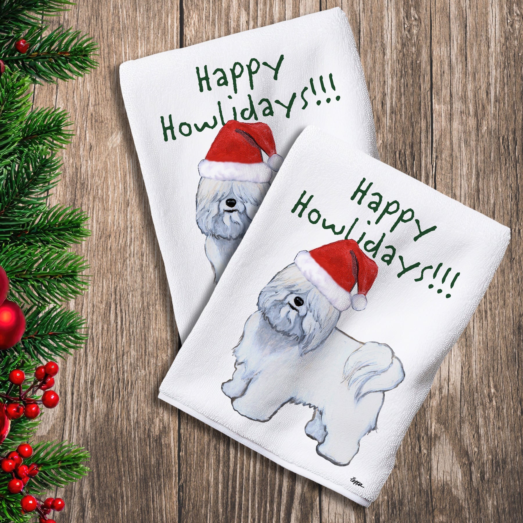2 Kitchen Towels with a Coton du Tulear in a Santa Hat and Happy Howlidays text.