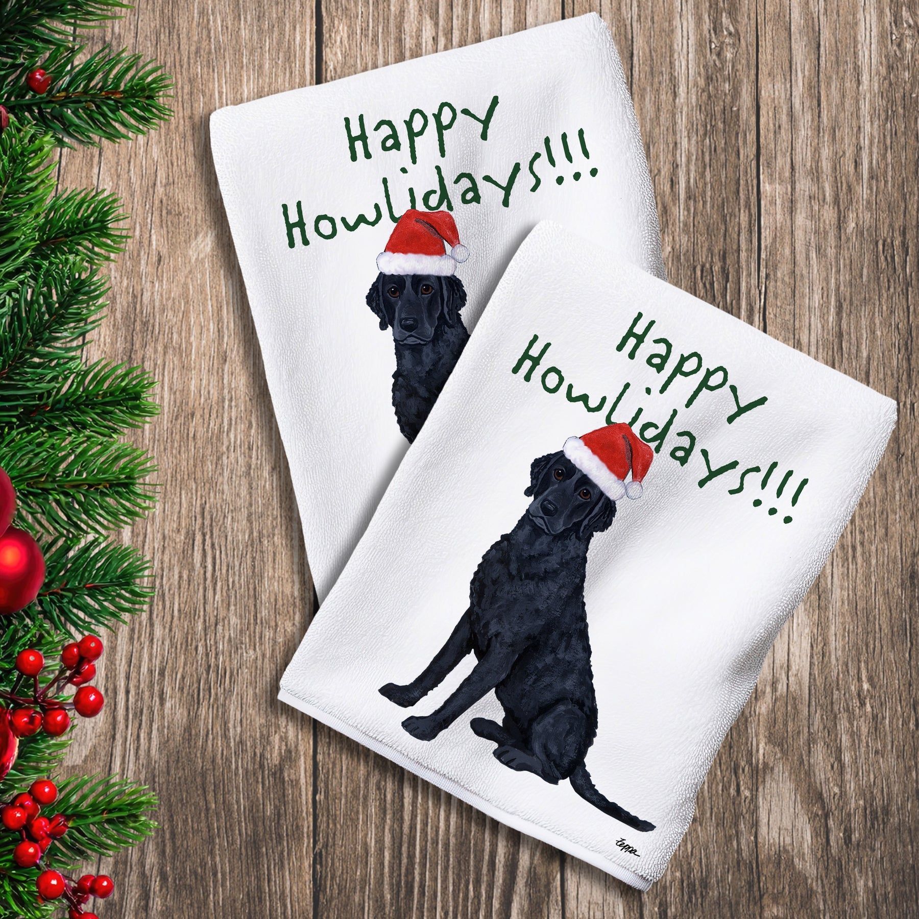 2 Kitchen Towels with a Curly Coated Retriever in a Santa Hat and Happy Howlidays text.