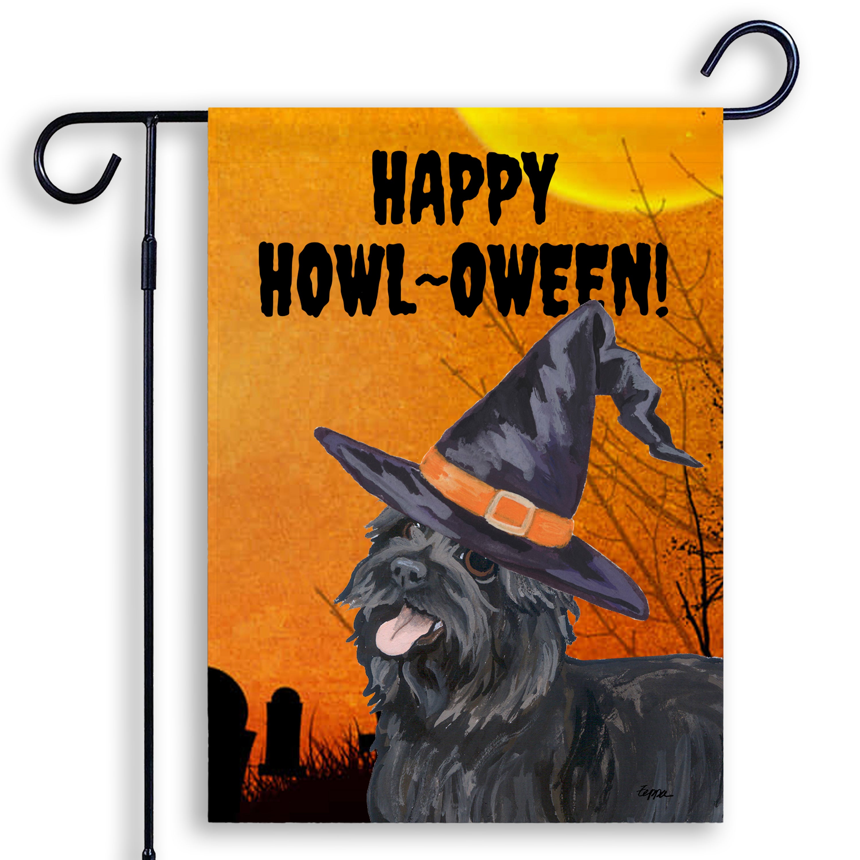 Halloween-themed garden flag with a Cairn Terrier wearing a witch hat and 'Happy Howl-Oween!' text on an orange background.