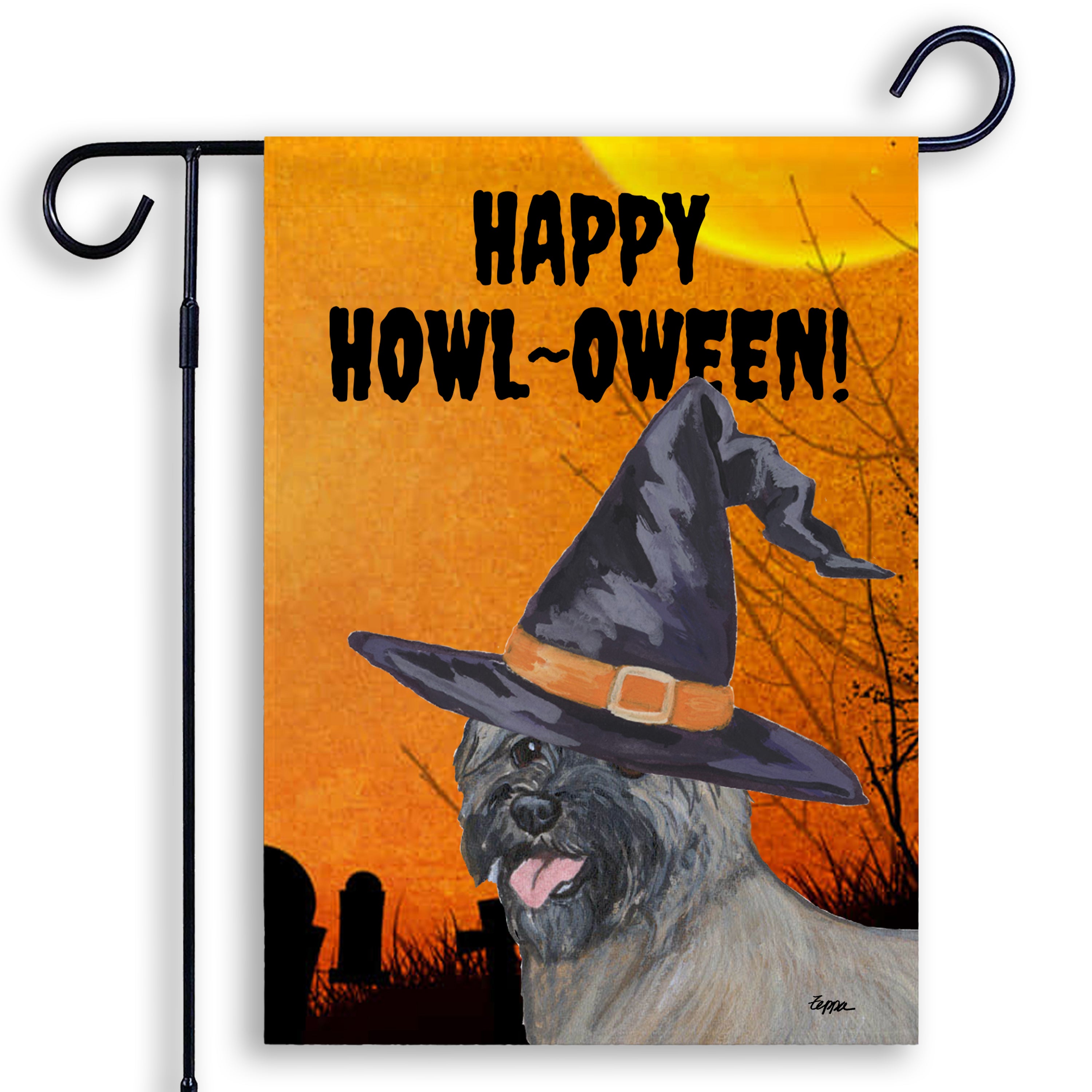 Halloween-themed garden flag with a Cairn Terrier wearing a witch hat and 'Happy Howl-Oween!' text on an orange background.