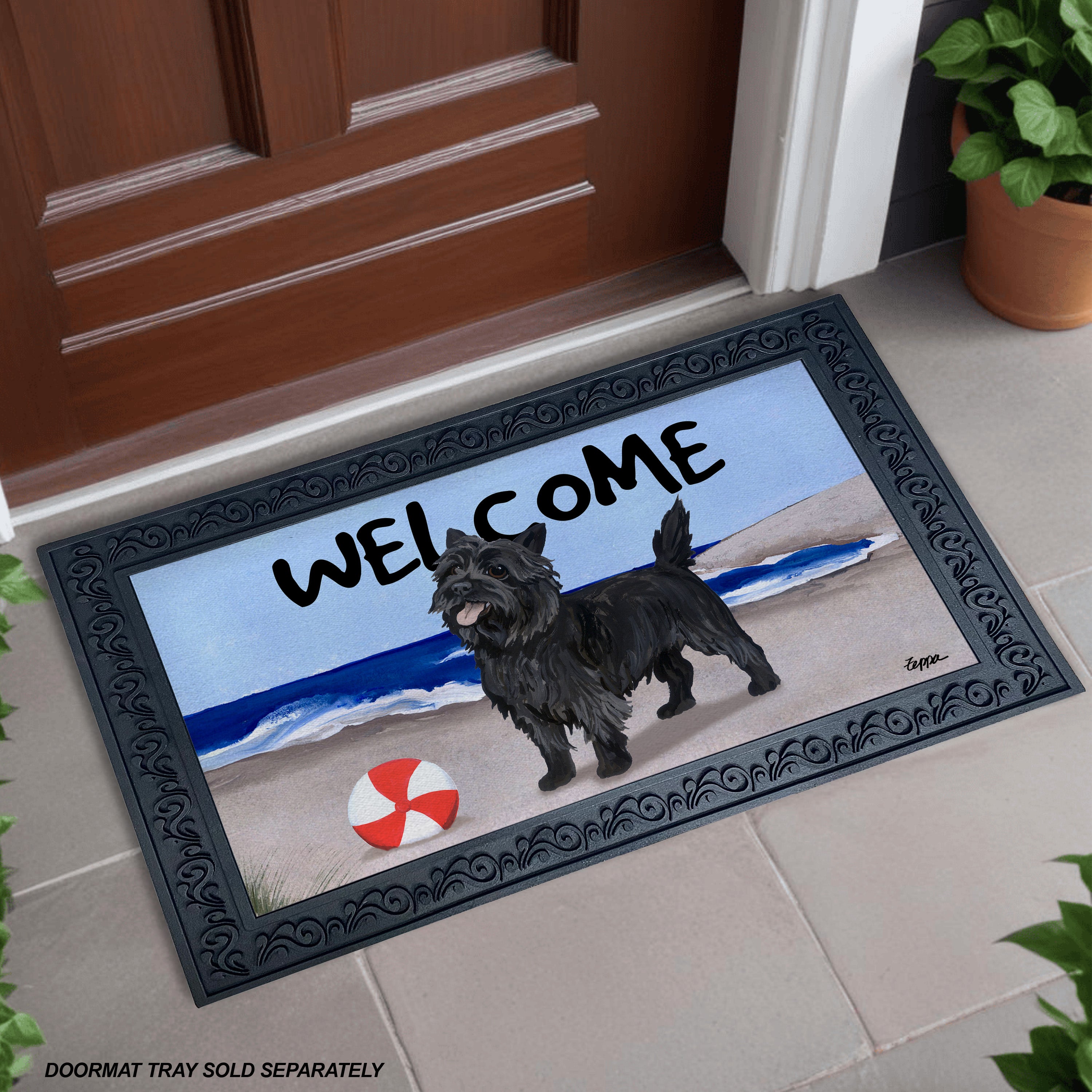 Black Cairn Terrier Beach Scene Welcome Mat