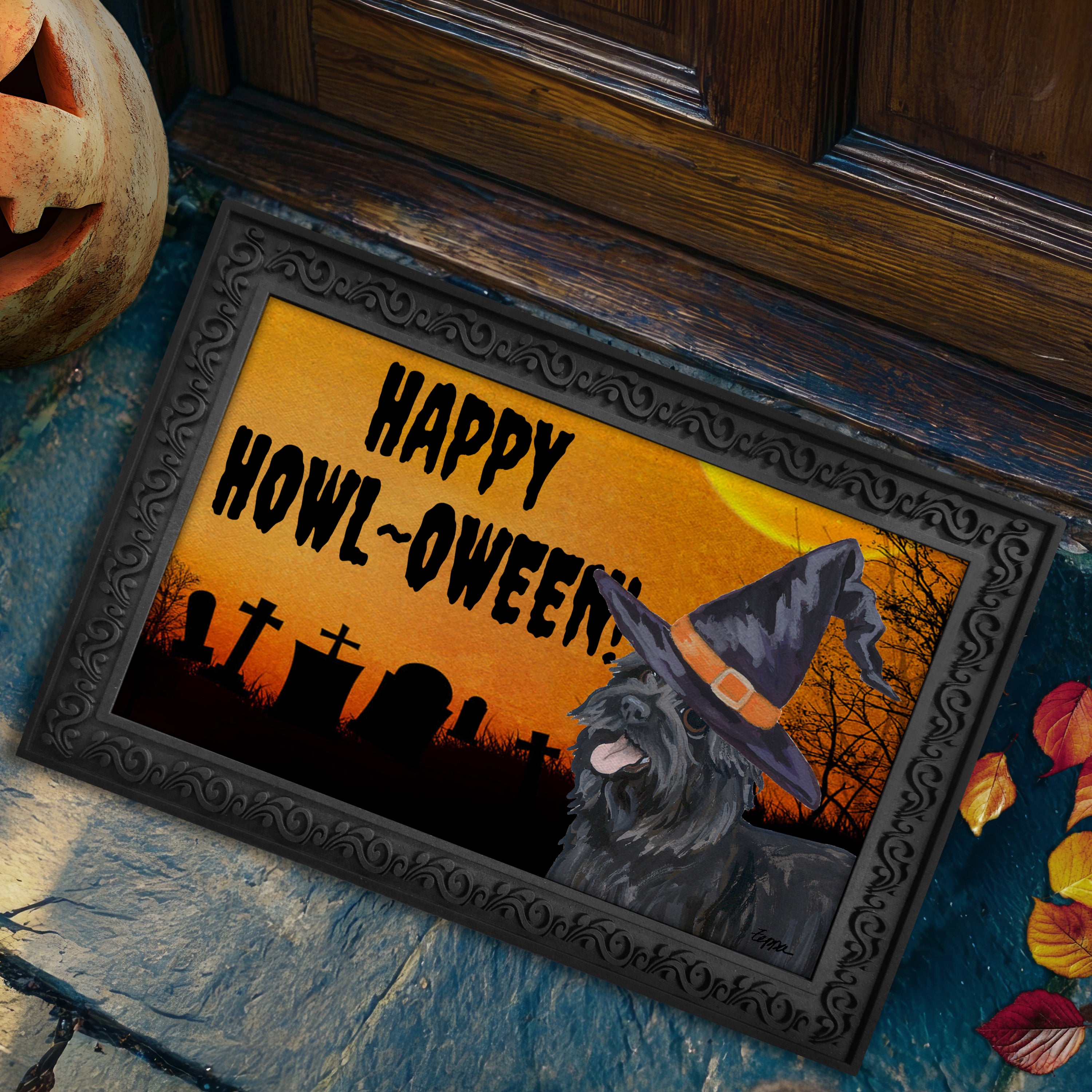 Halloween-themed doormat with a Cairn Terrier wearing a witch hat and 'Happy Howl-Oween!' text on a doorstep.