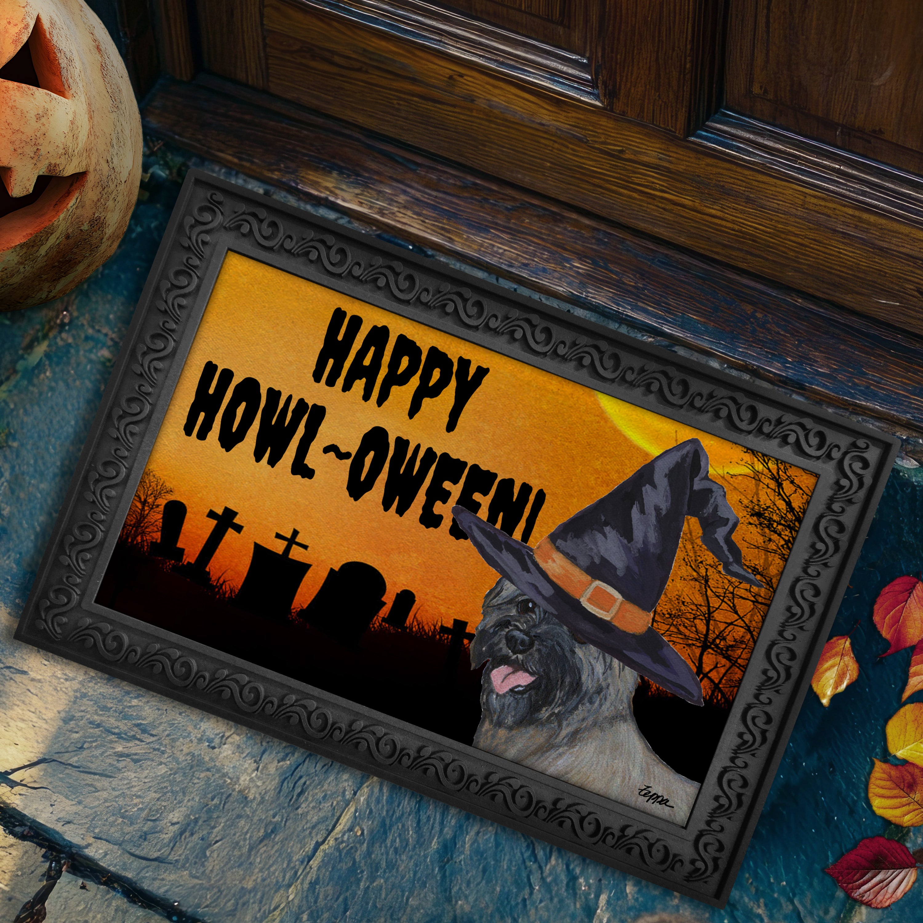 Halloween-themed doormat with a Cairn Terrier wearing a witch hat and 'Happy Howl-Oween!' text on a doorstep.