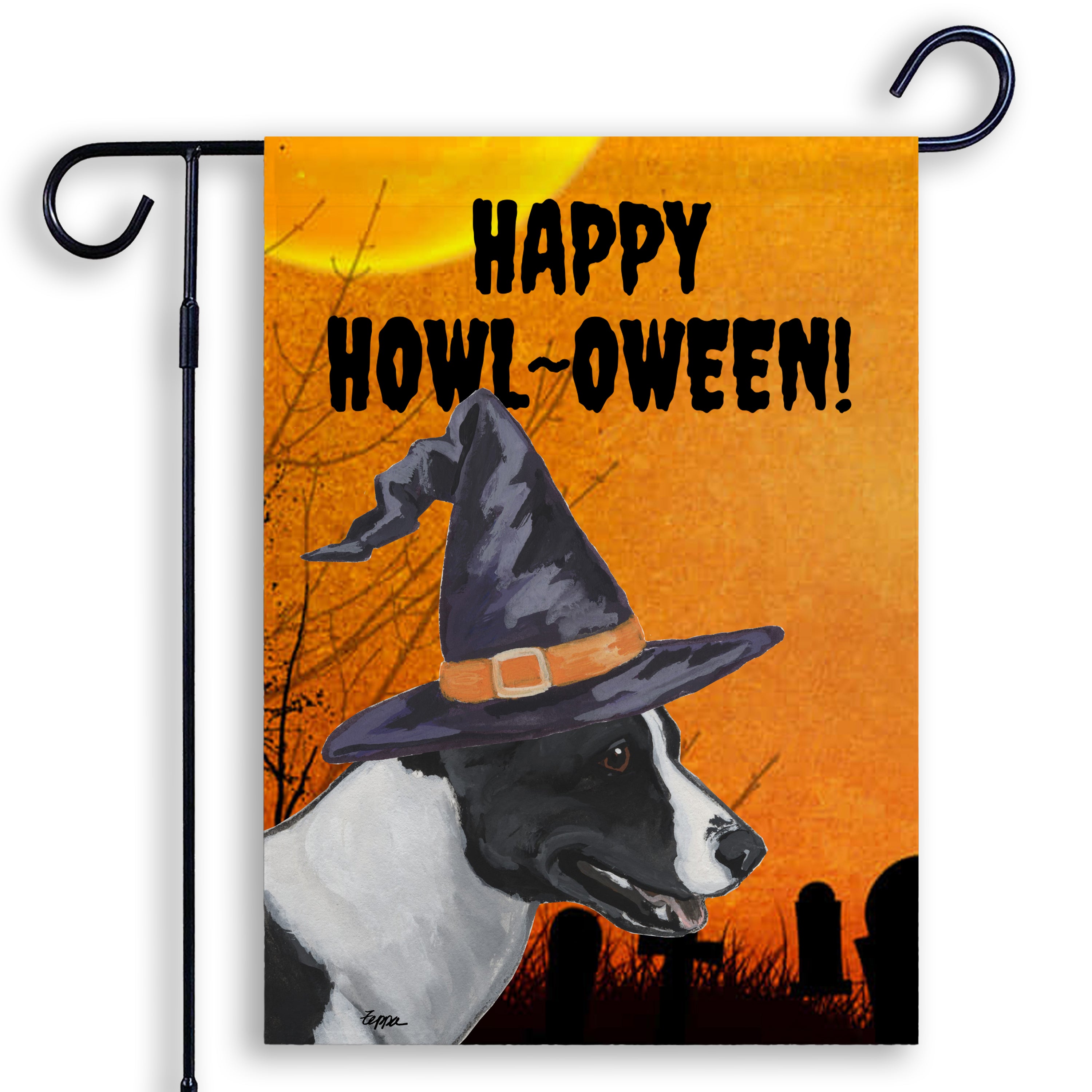 Halloween-themed Garden Flag with a Canaan Dog wearing a witch hat and 'Happy Howl-Oween!' text.
