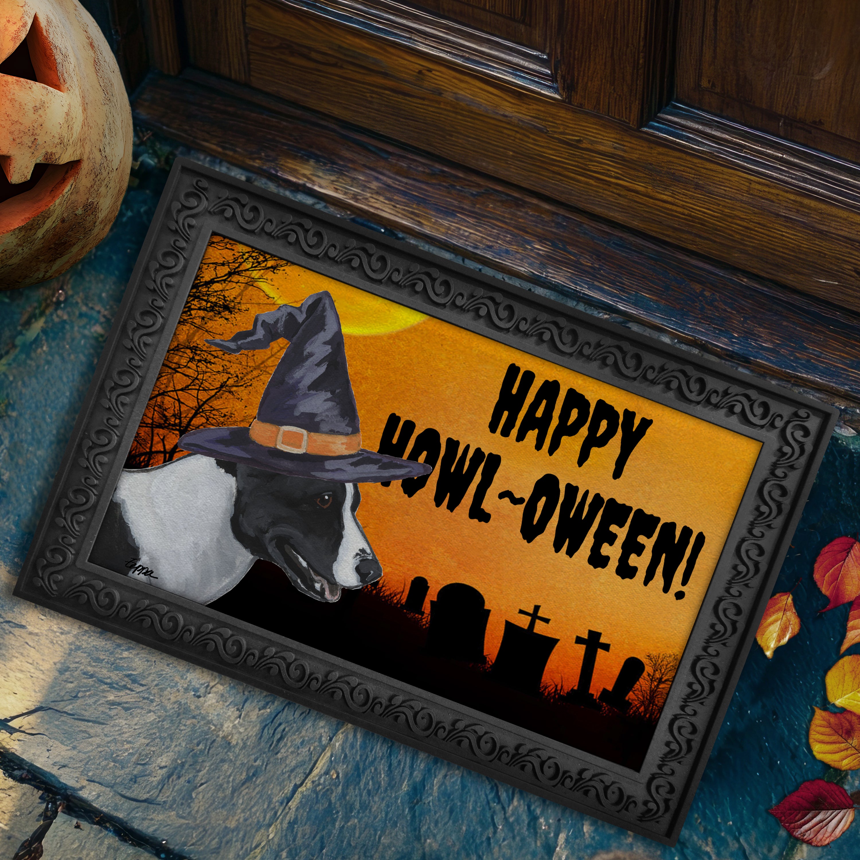 Halloween-themed doormat with a Canaan Dog wearing a witch hat and 'Happy Howl-Oween!' text.