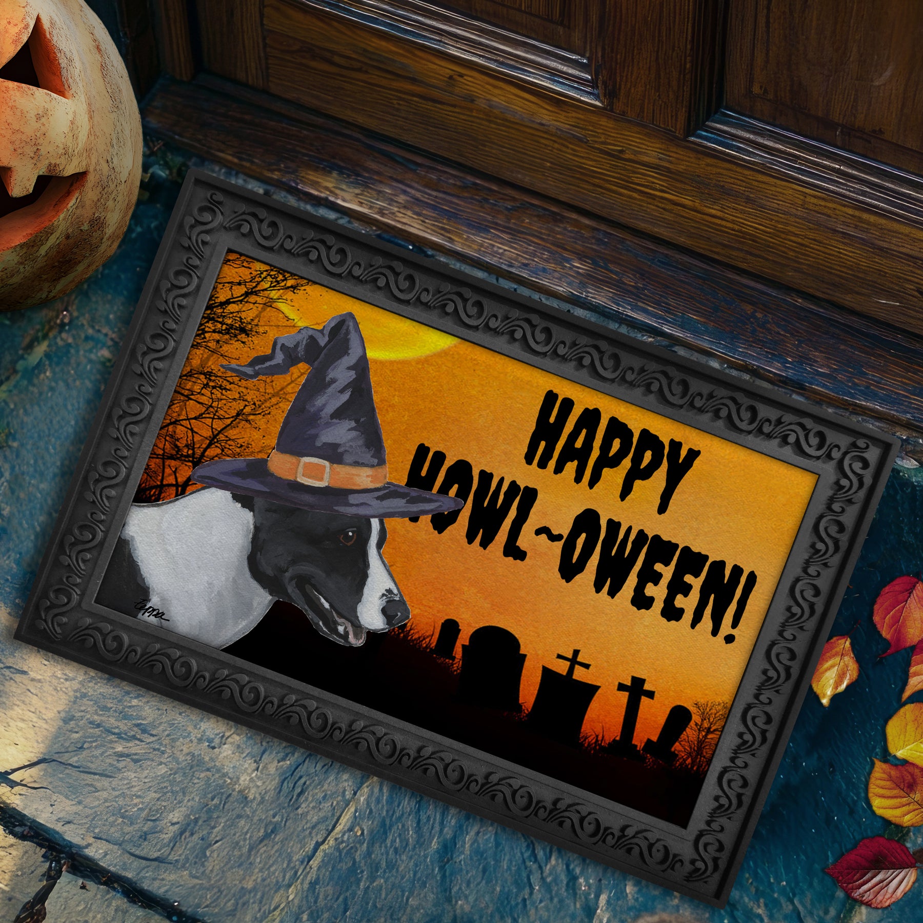 Halloween-themed doormat with a Canaan Dog wearing a witch hat and 'Happy Howl-Oween!' text.