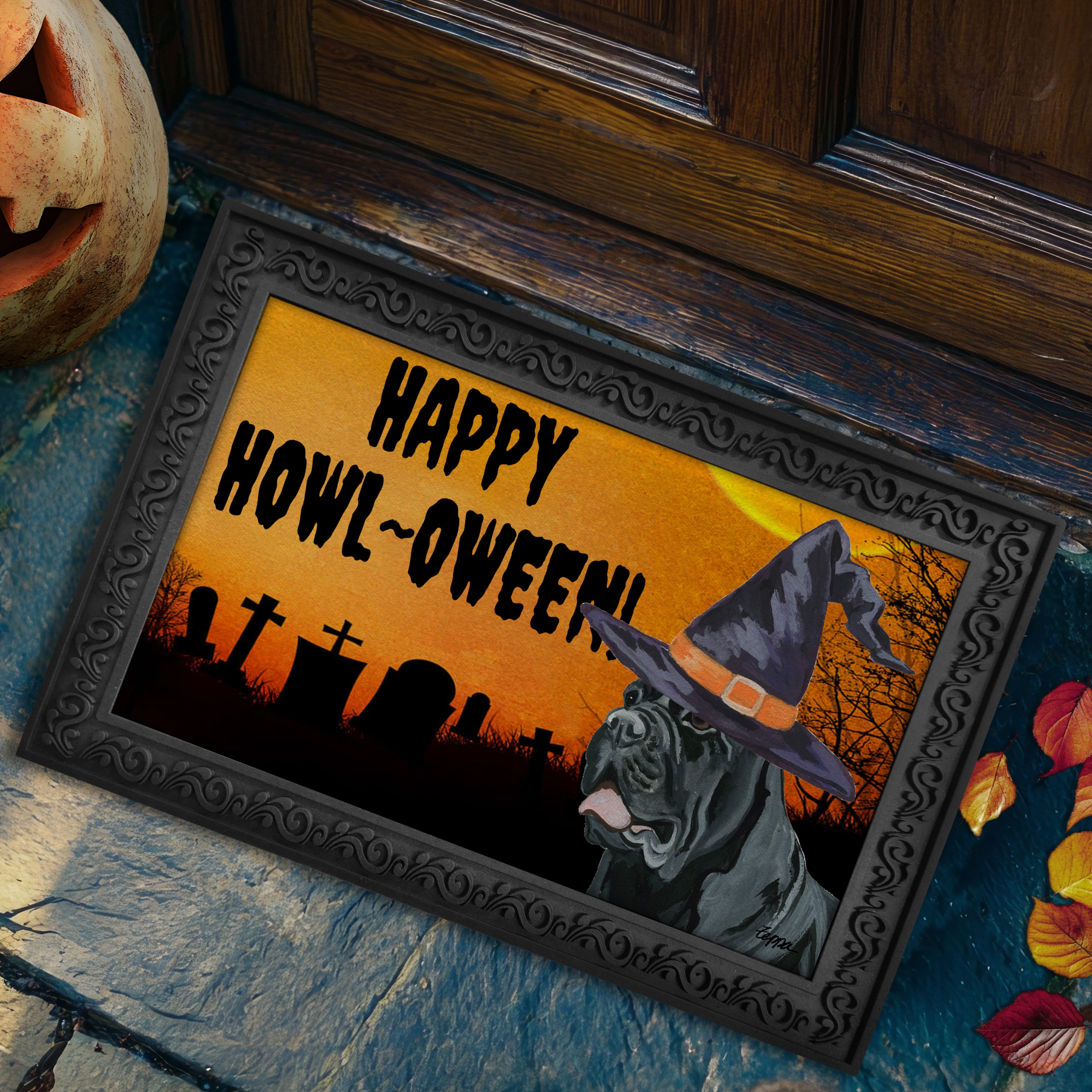 Halloween-themed doormat with a Cane Corso wearing a witch hat and 'Happy Howl-Oween!' text on a doorstep.