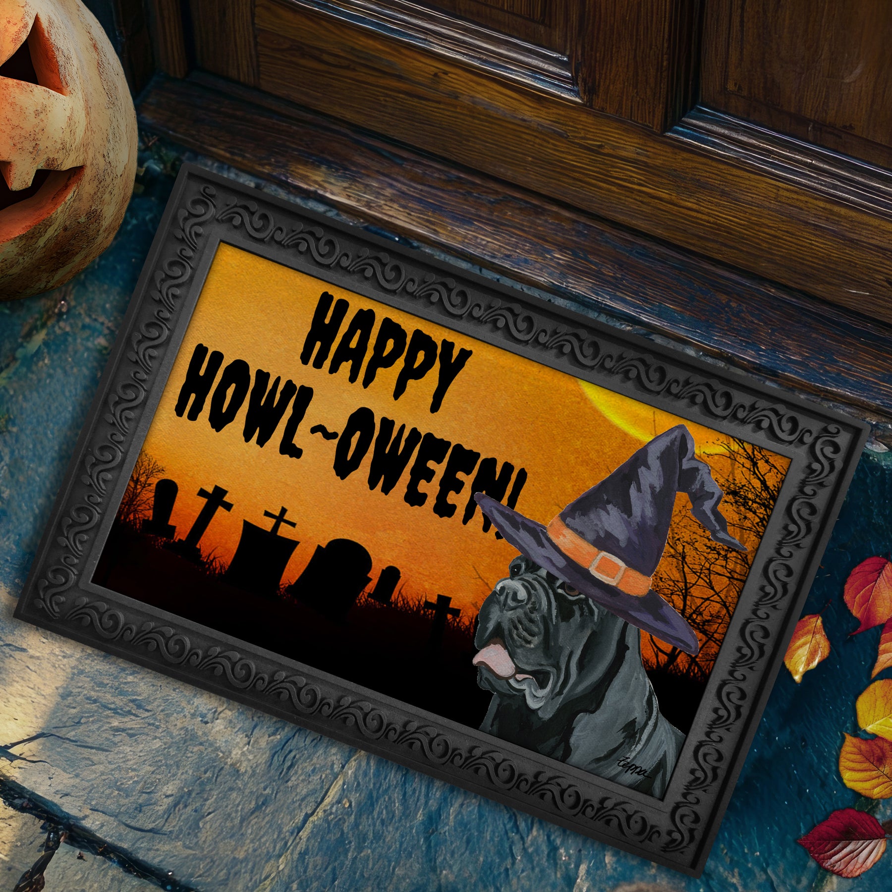 Halloween-themed doormat with a Cane Corso wearing a witch hat and 'Happy Howl-Oween!' text on a doorstep.