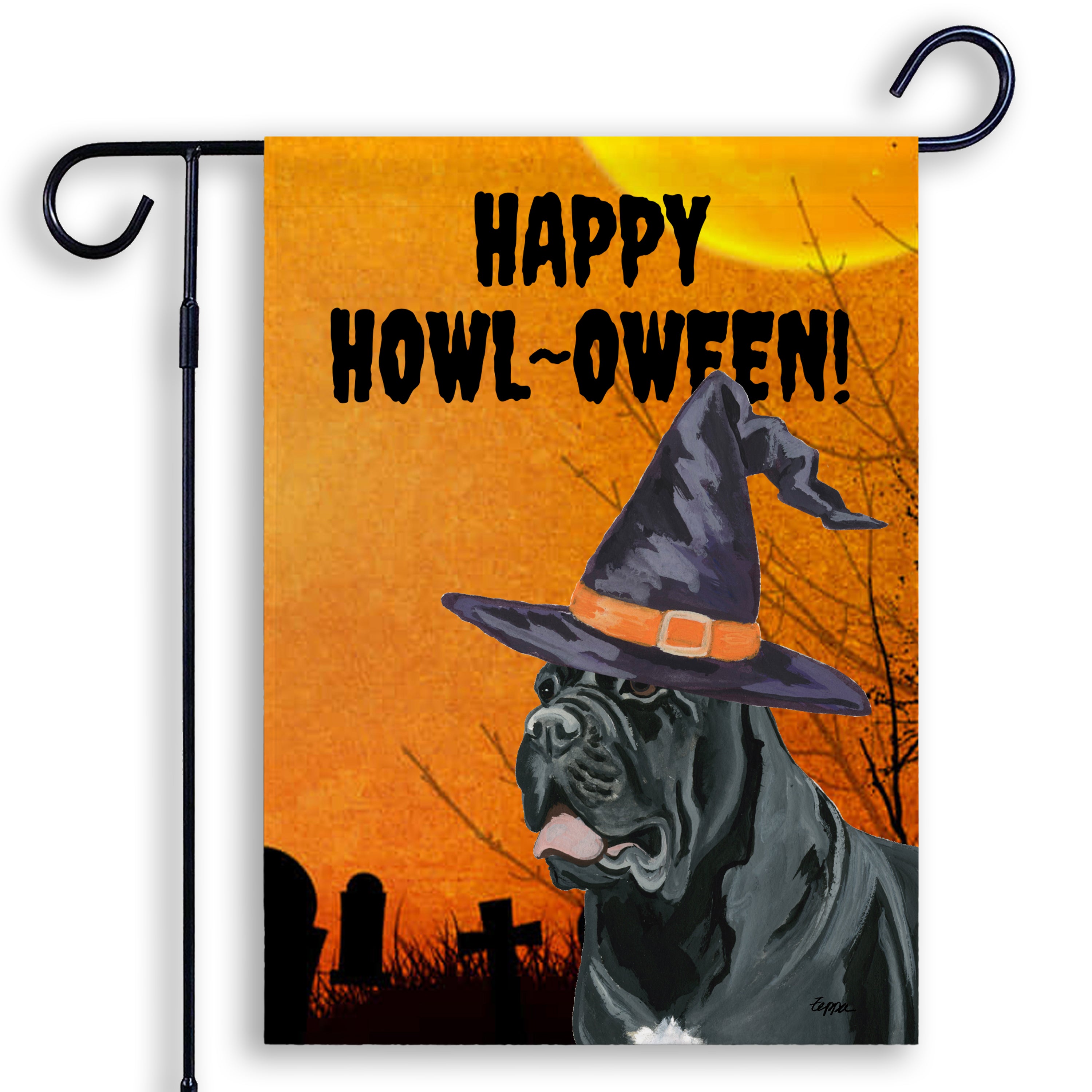 Halloween-themed garden flag with a Cane Corso wearing a witch hat and 'Happy Howl-Oween!' text on an orange background.