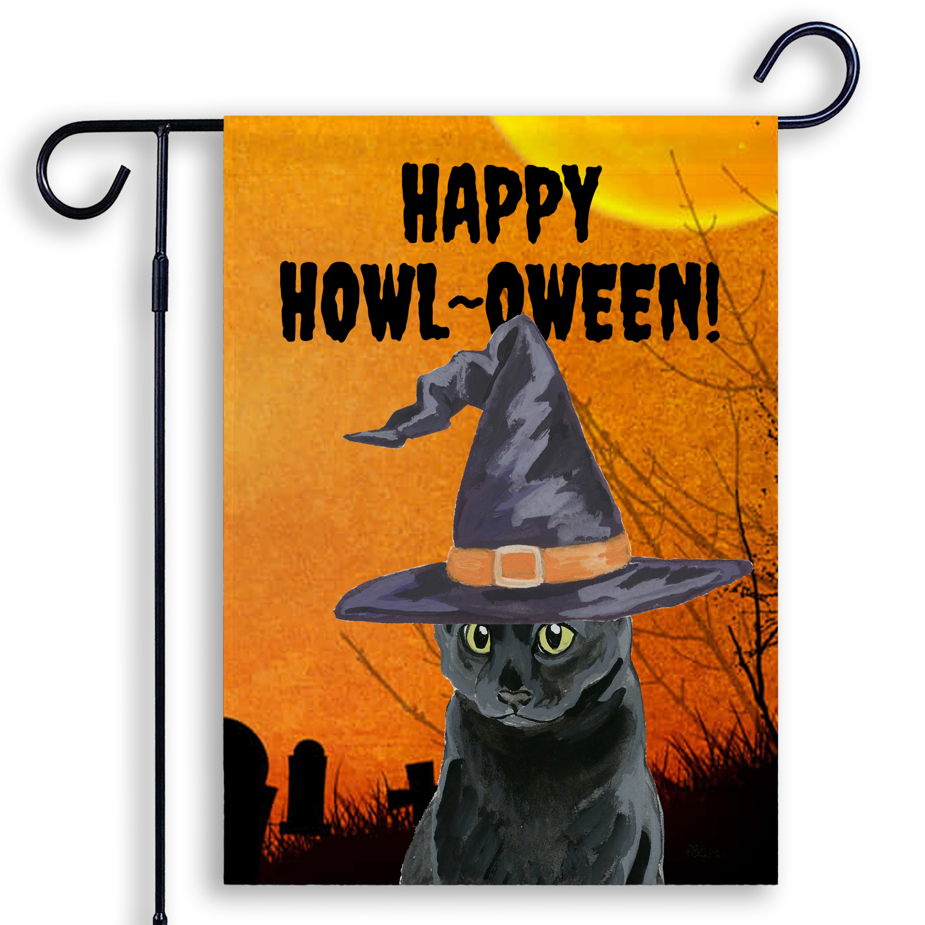 Halloween-themed garden flag with a black cat wearing a witch hat and 'Happy Howl-O-Ween!' text.
