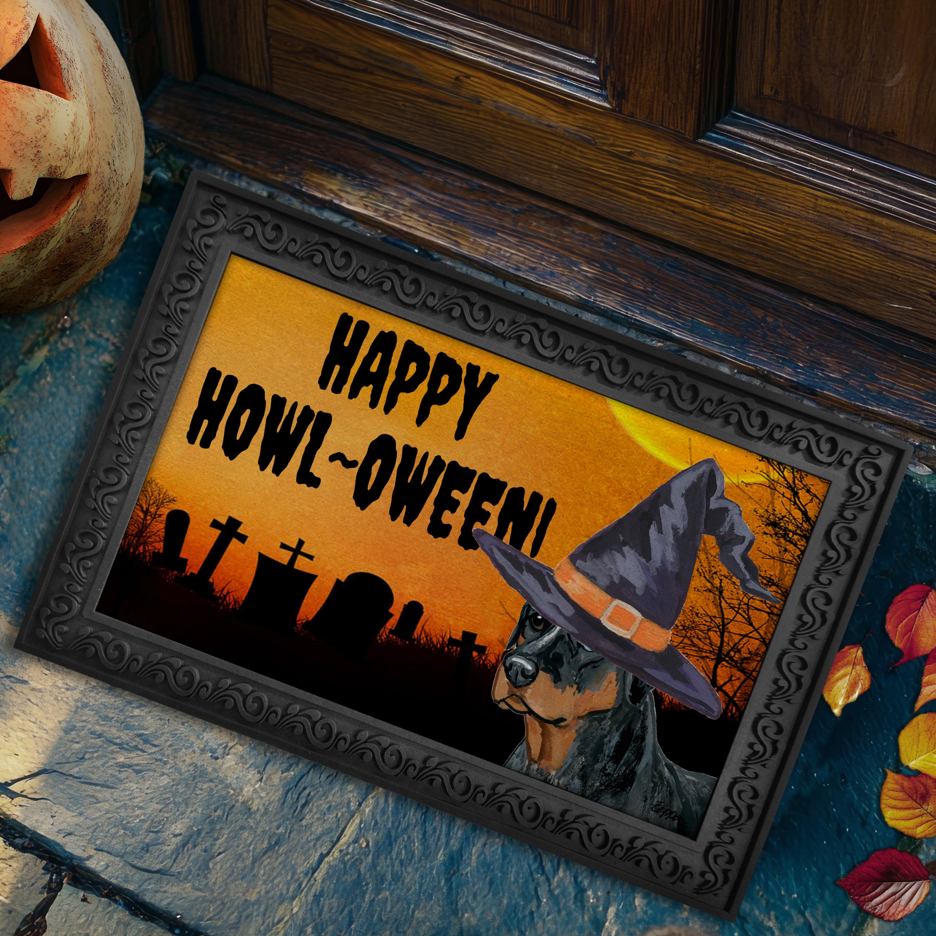 Halloween-themed doormat with a Catahoula Leopard Dog wearing a witch hat and 'Happy Howl-Oween!' text on a doorstep.