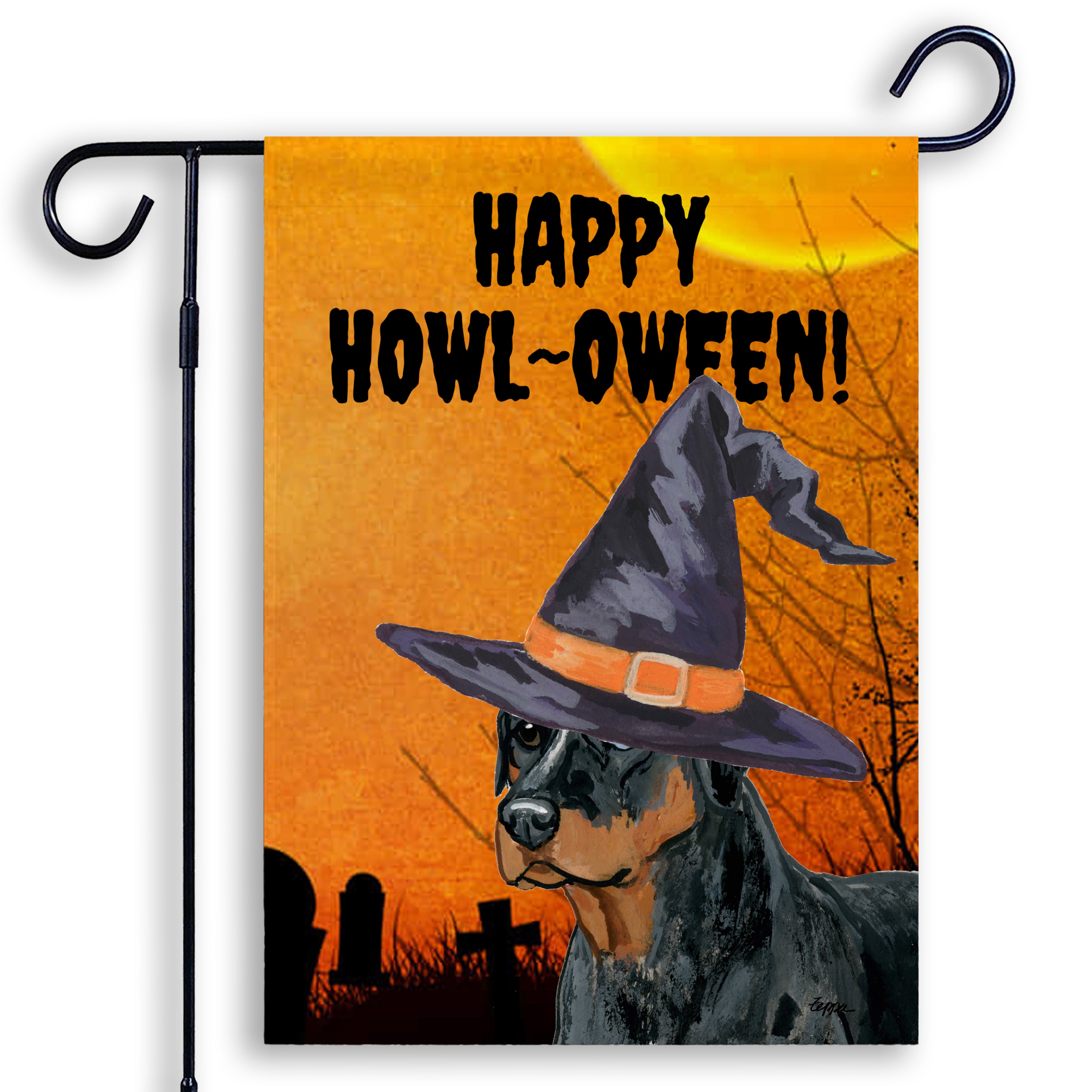 Halloween-themed garden flag with a Catahoula Leopard Dog wearing a witch hat and 'Happy Howl-Oween!' text on an orange background.