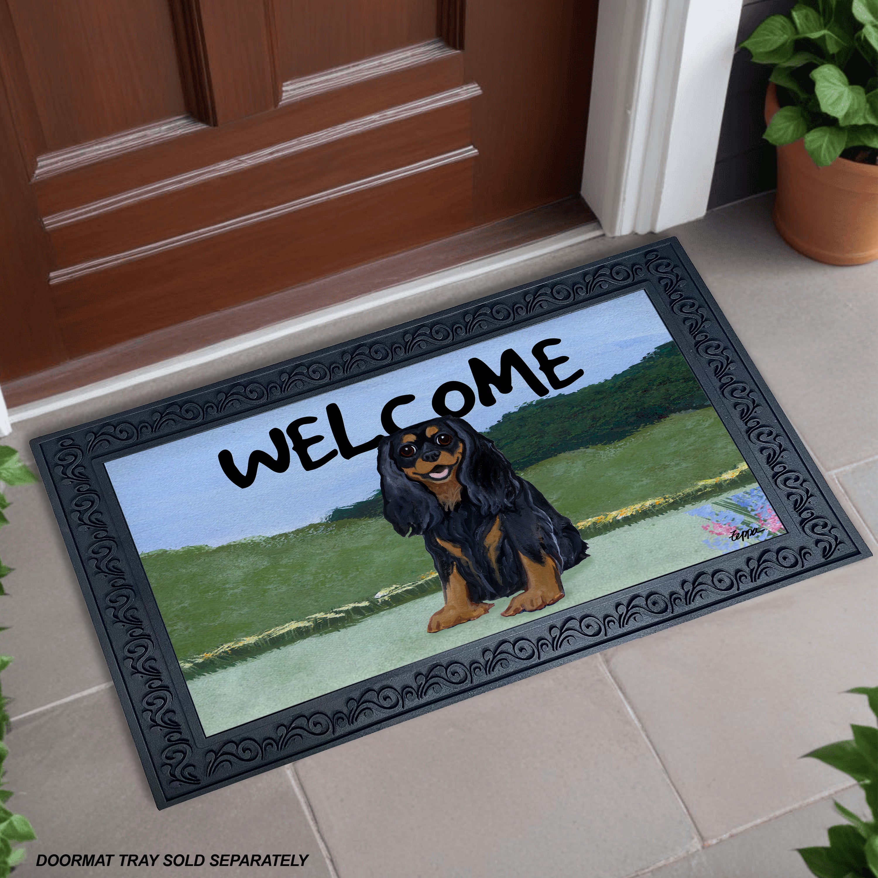 Black and Tan Cavalier King Charles Spaniel Yard Scene Welcome Mat