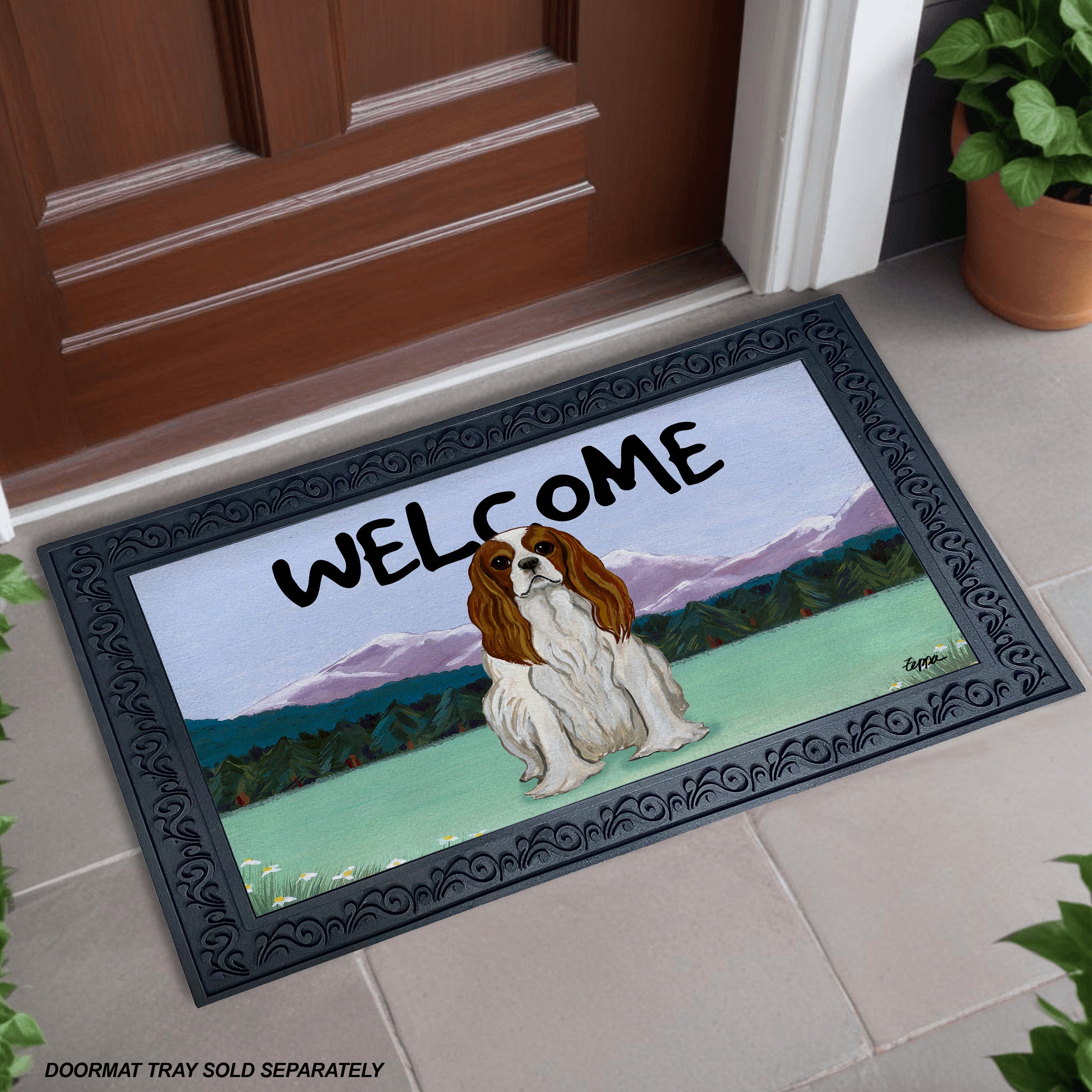 Blenheim Cavalier King Charles Spaniel Mountain Scene Welcome Mat