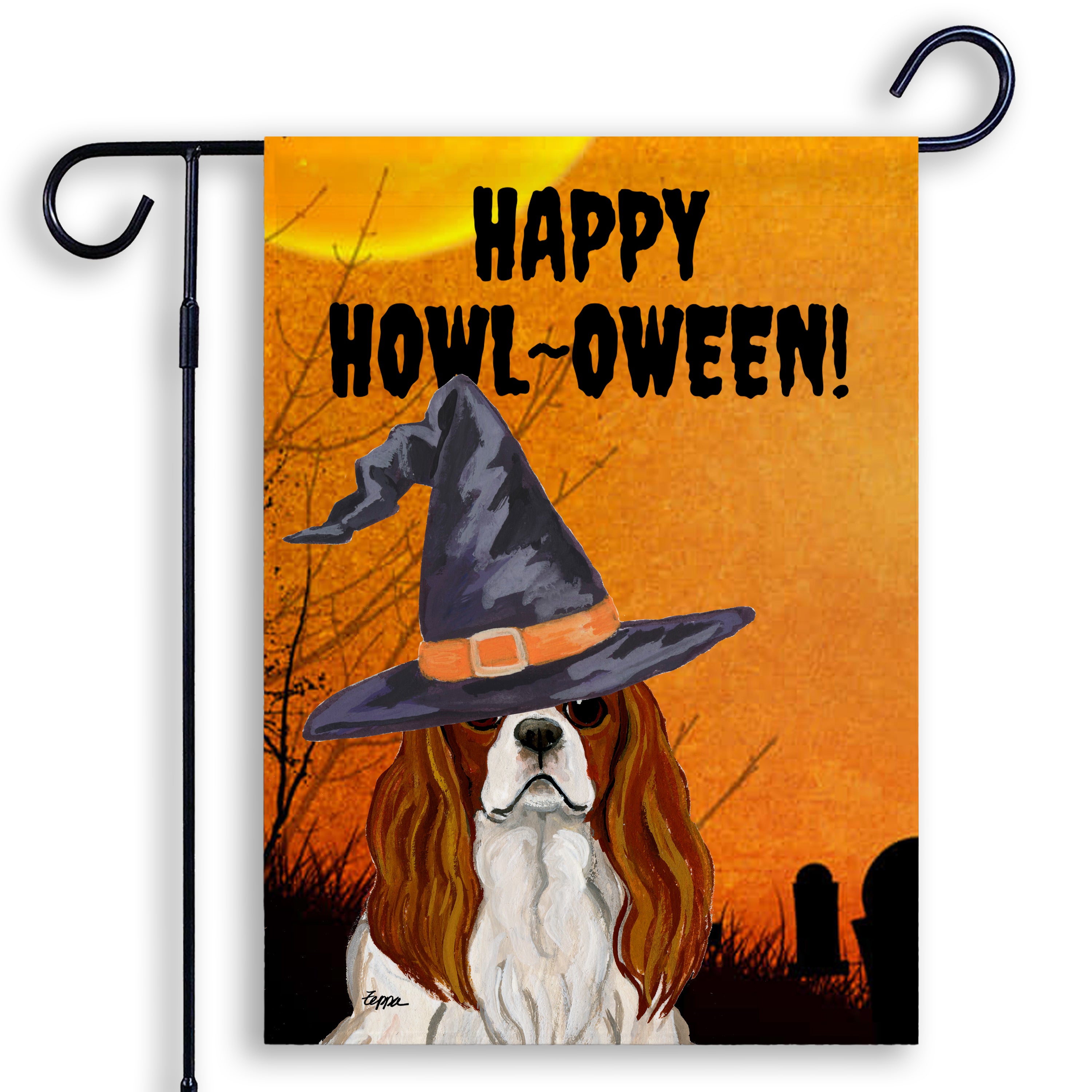 Halloween-themed garden flag with a Cavalier KIng Charles Spaniel wearing a witch hat and 'Happy Howl-Oween!' text on an orange background.