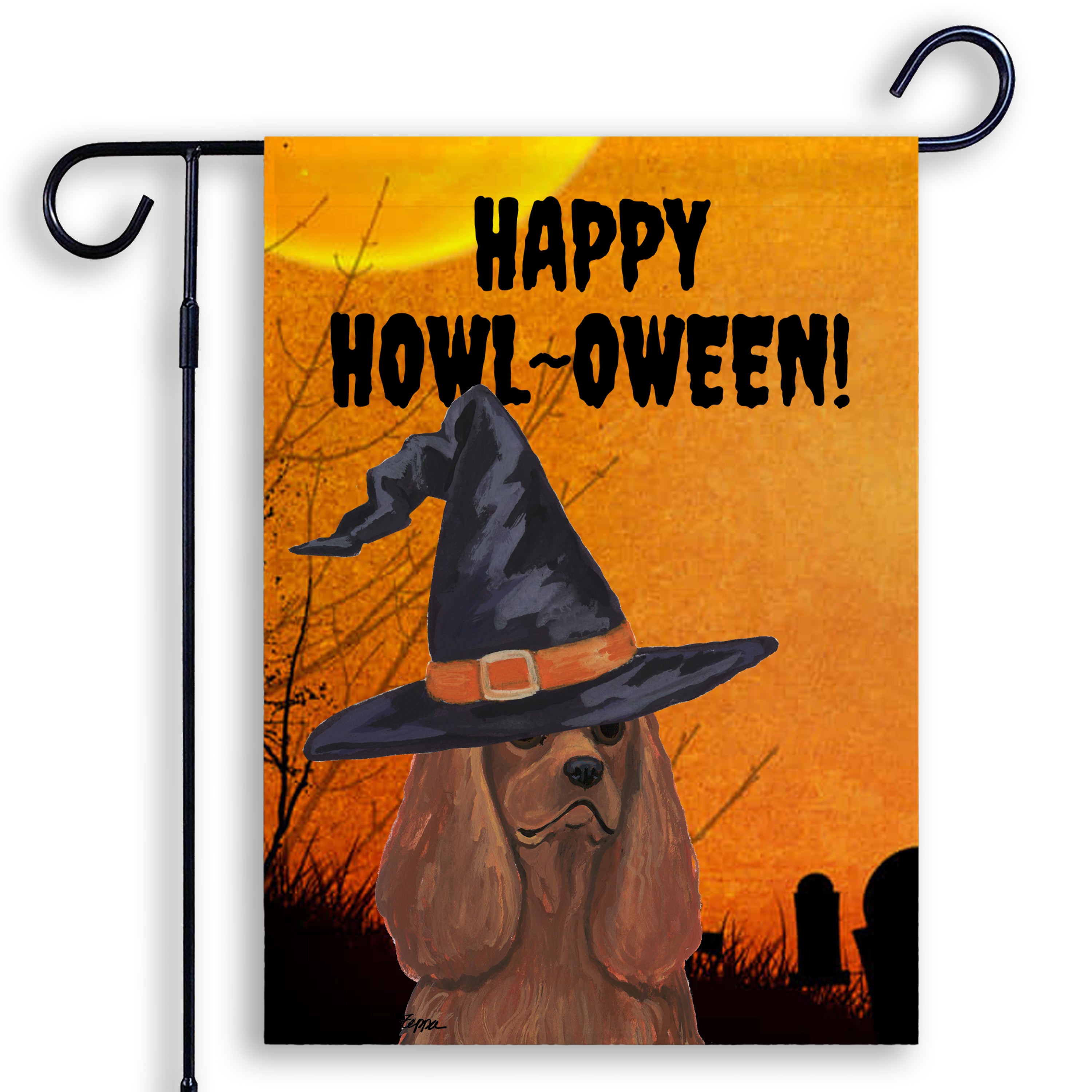 Halloween-themed garden flag with a Cavalier KIng Charles Spaniel wearing a witch hat and 'Happy Howl-Oween!' text on an orange background.