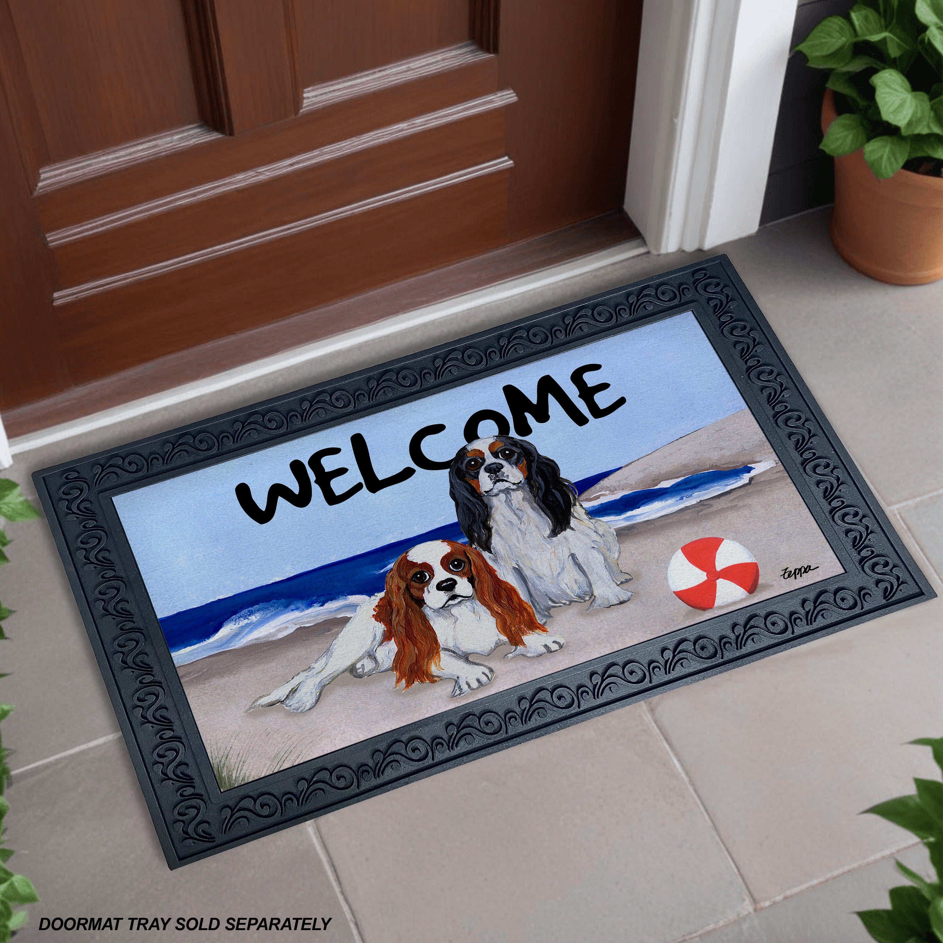 Cavalier King Charles Spaniel Pair Beach Scene Welcome Mat