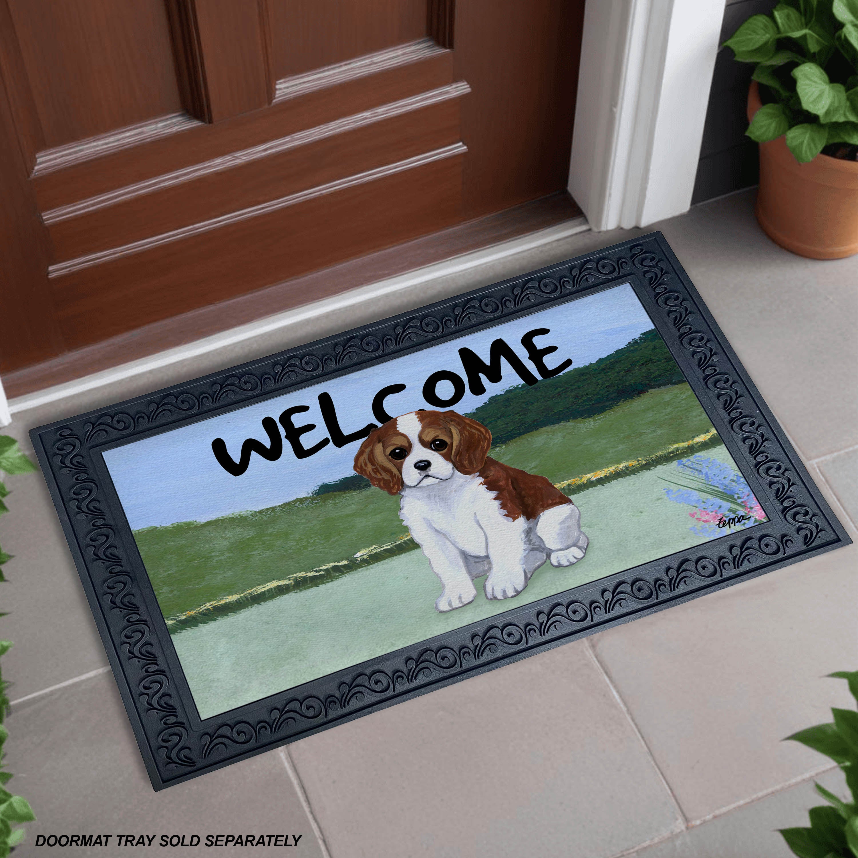 Cavalier King Charles Spaniel Puppy Yard Scene Welcome Mat