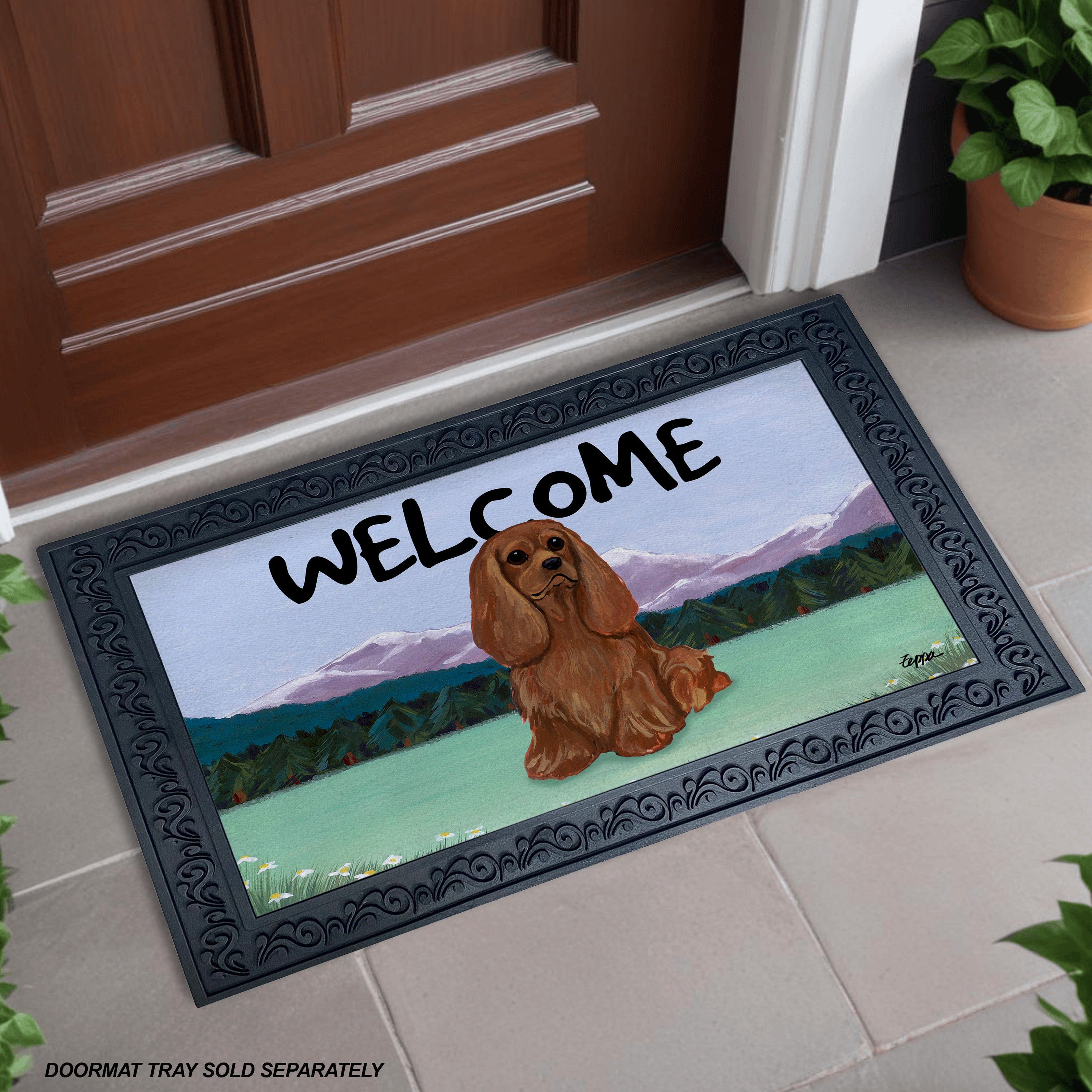 Ruby Cavalier King Charles Spaniel Mountain Scene Welcome Mat