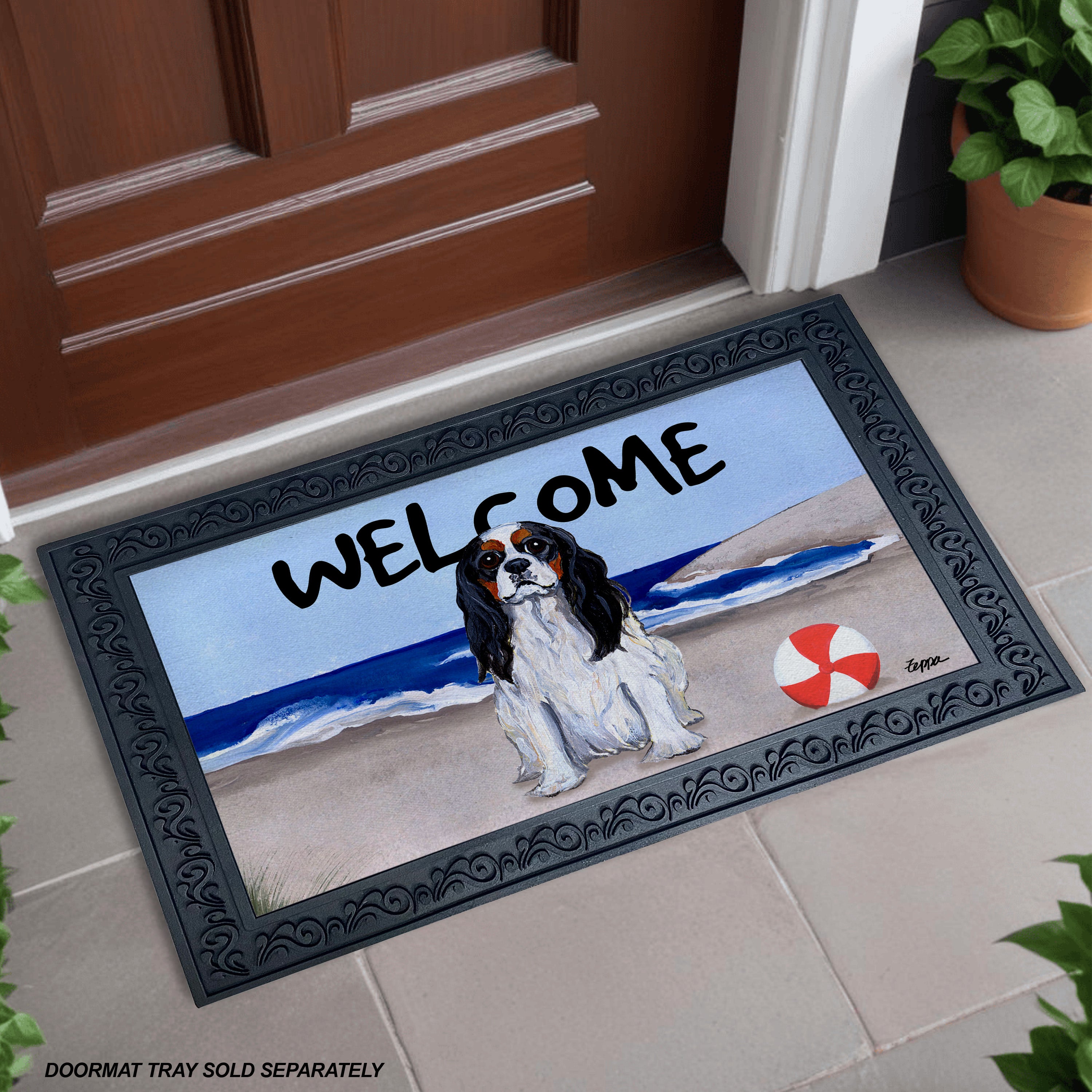 Tri Cavalier King Charles Spaniel Beach Scene Welcome Mat