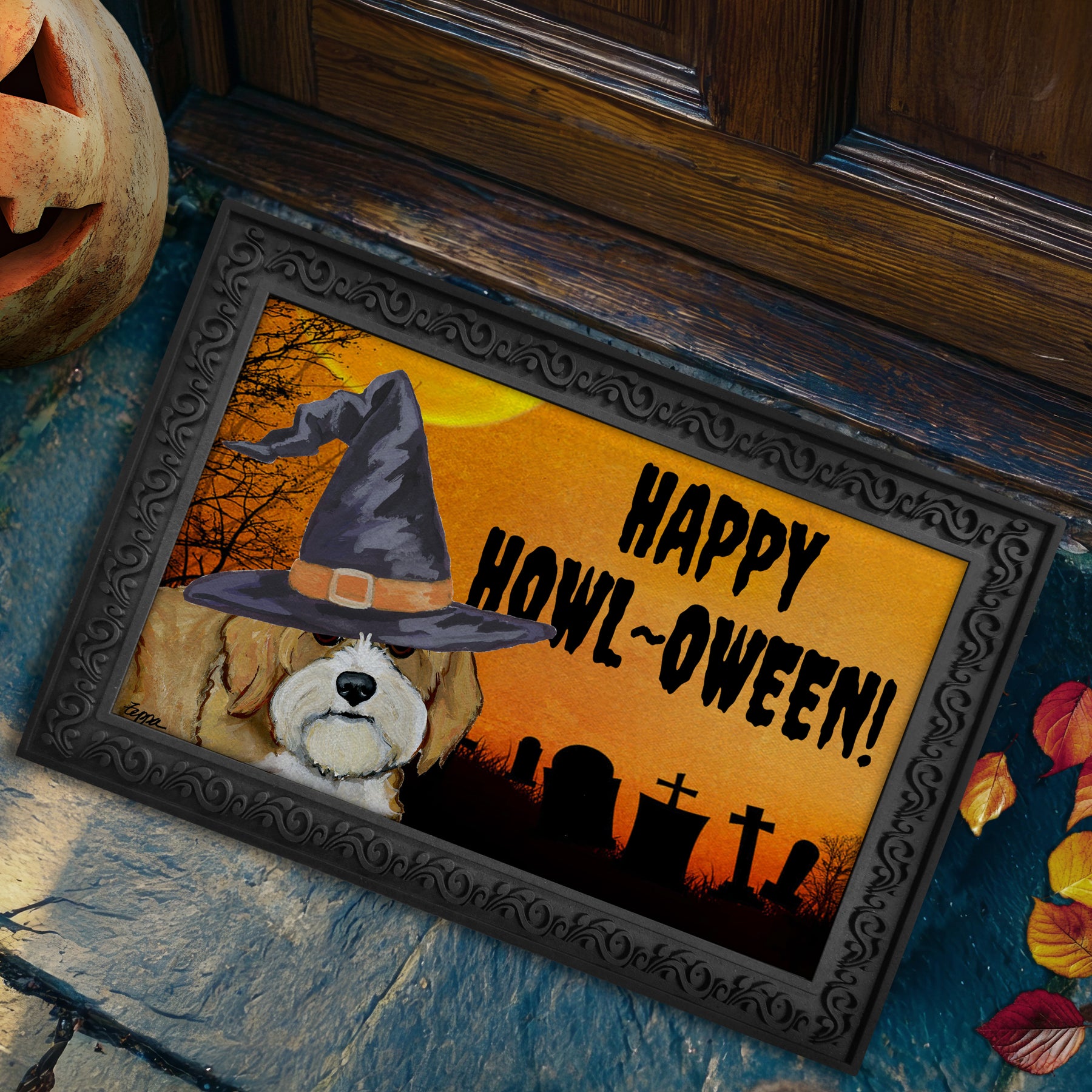 Halloween-themed doormat with a Cavapoo wearing a witch hat and 'Happy Howl-Oween!' text on a doorstep.