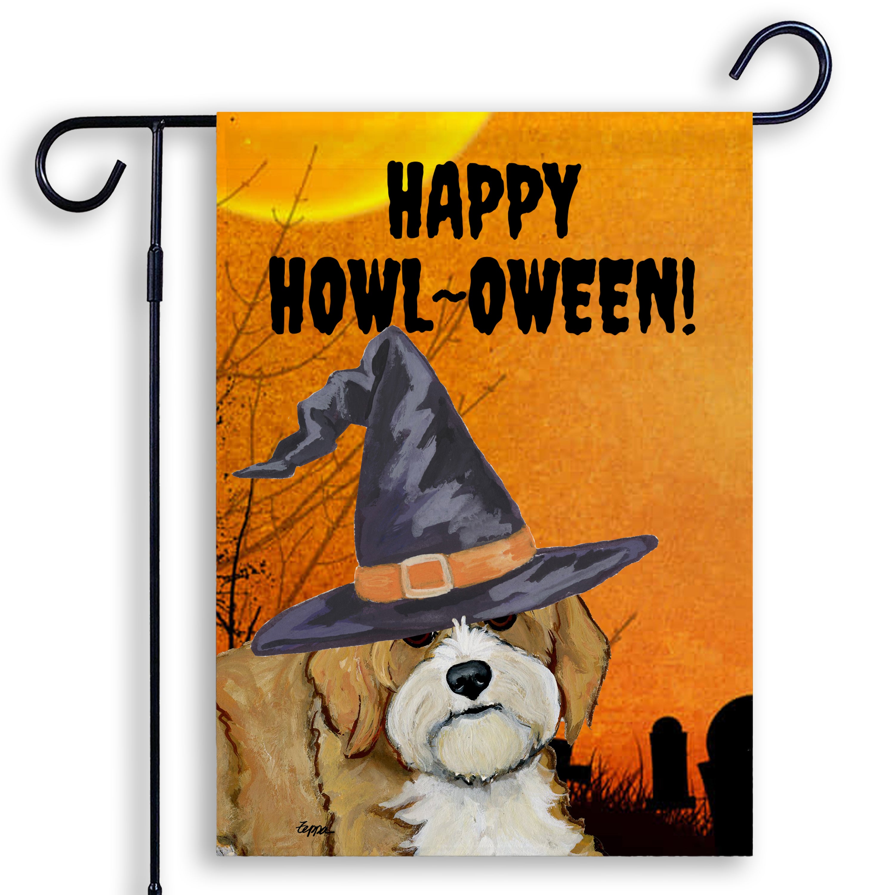 Halloween-themed garden flag with a Cavapoo wearing a witch hat and 'Happy Howl-Oween!' text on an orange background.