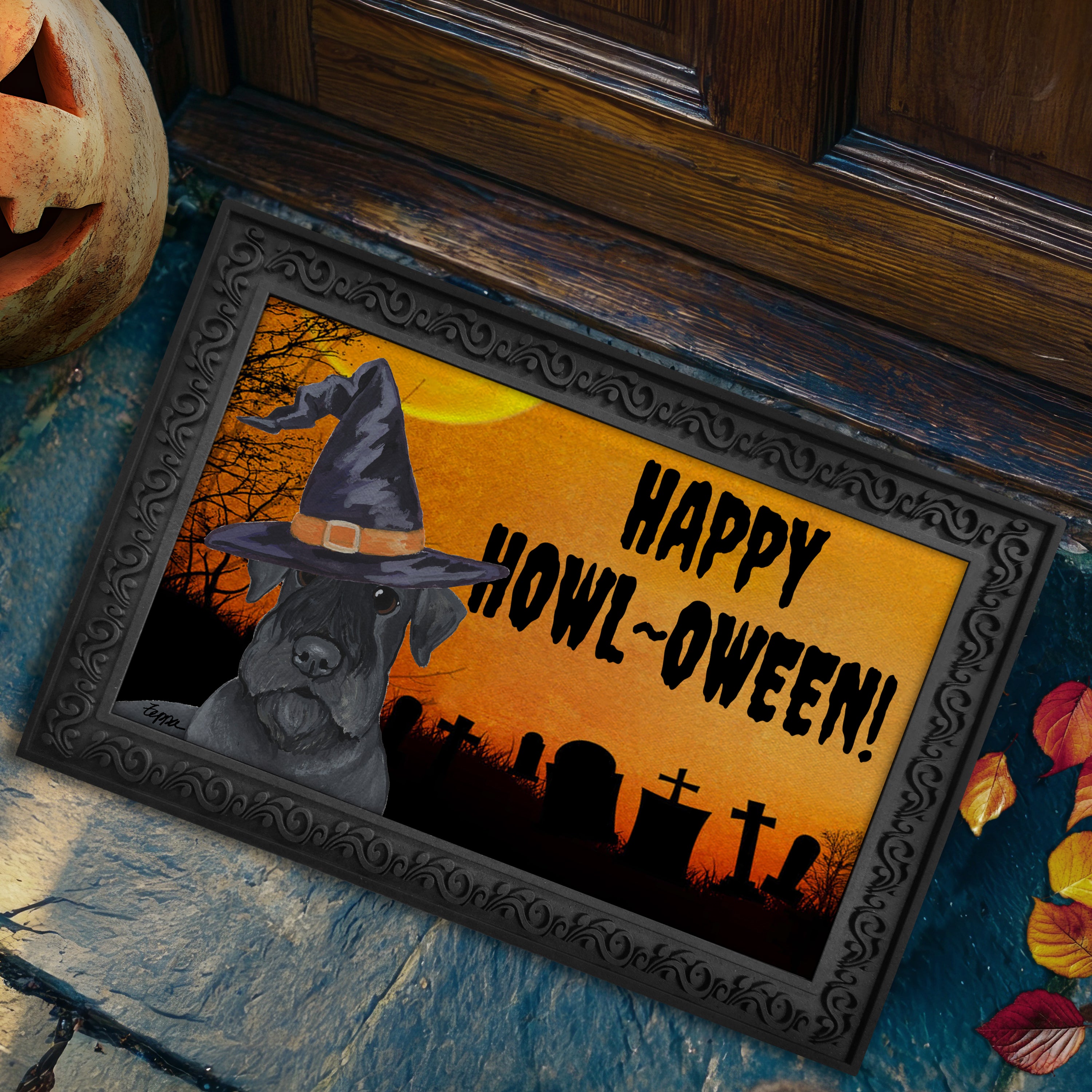 Cesky Terrier in a witch's hat on a Happy Howl-ween doormat.