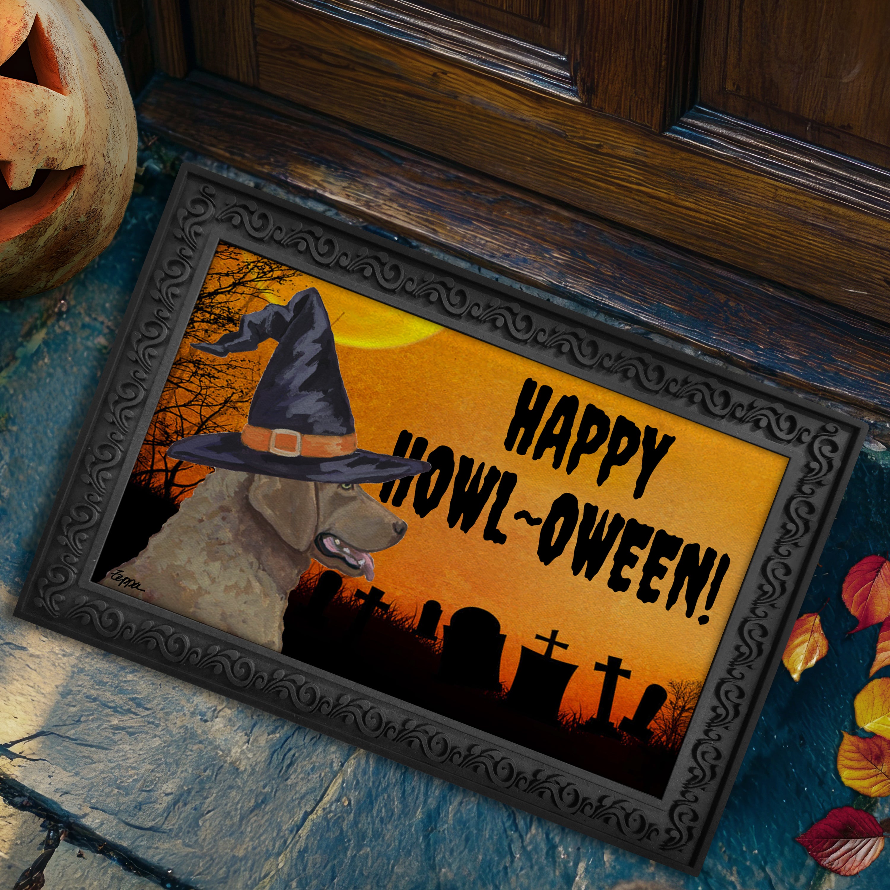 Halloween-themed doormat with a Chesapeake Bay Retriever wearing a witch hat and 'Happy Howl-Oween!' text on a doorstep.