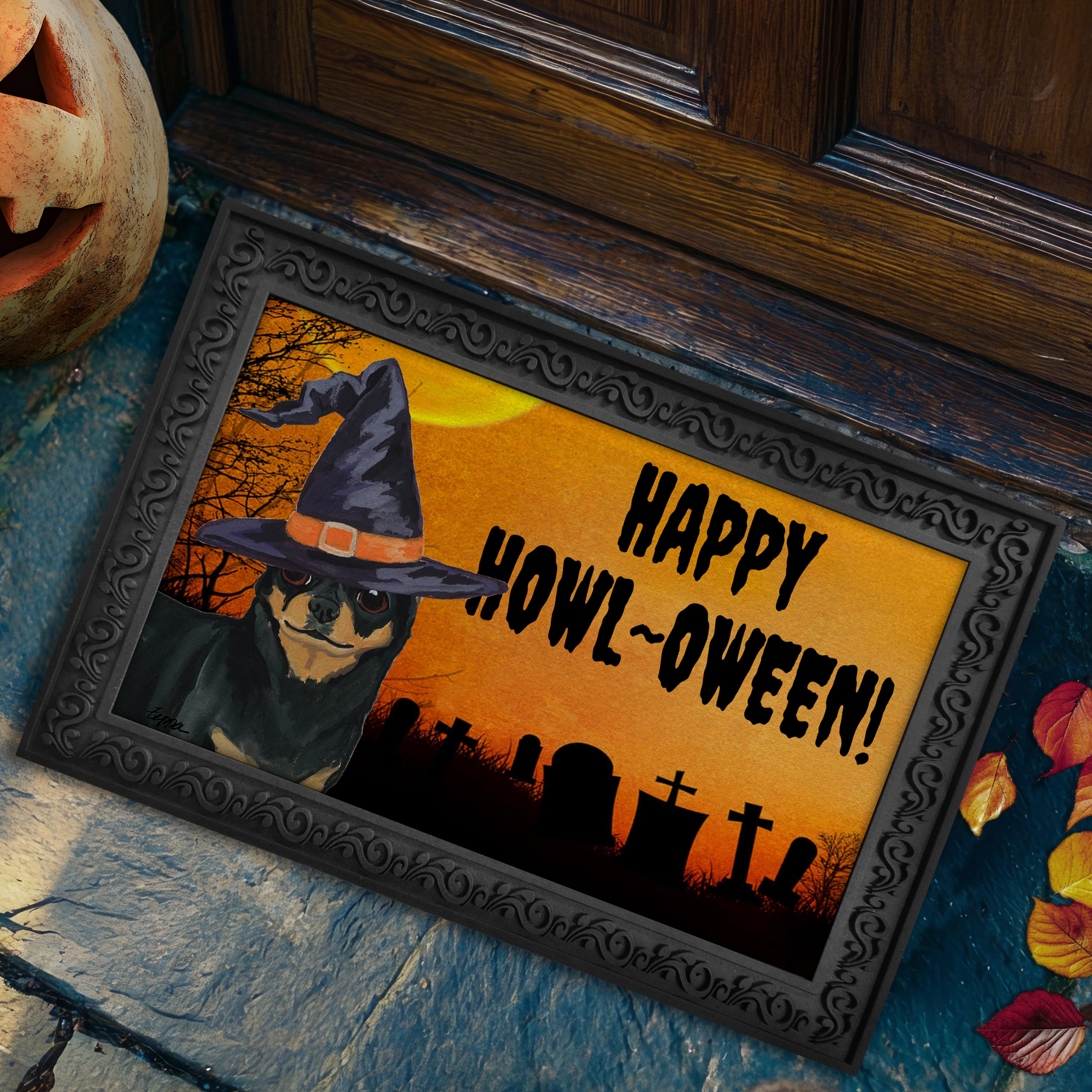 Halloween-themed doormat with a Chihuahua wearing a witch hat and 'Happy Howl-Oween!' text on a doorstep.